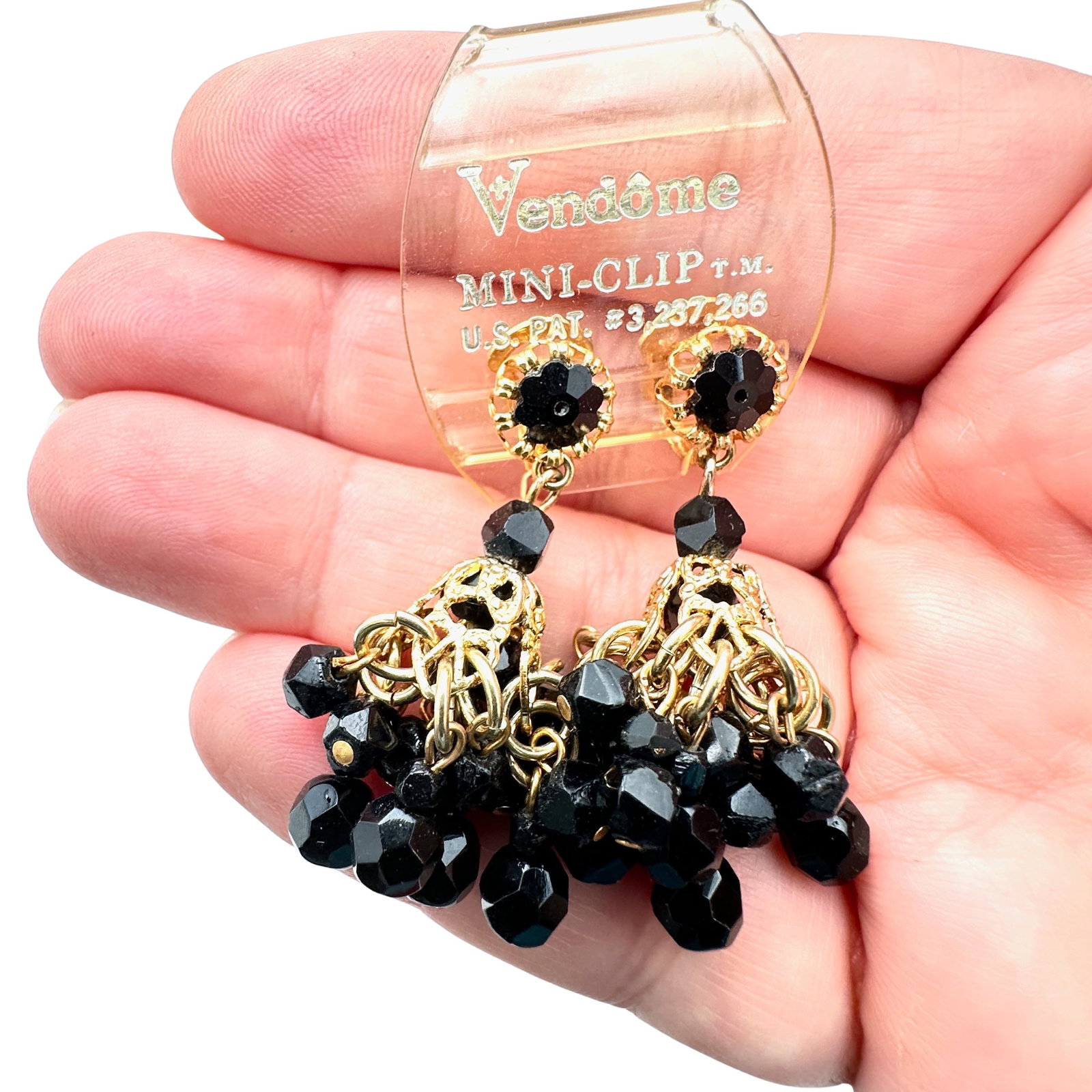 Vintage Vendome Gold Tone Black Glass Chandelier Clip Earrings: Vintage Vendome Gold Tone Black Glass Chandelier Clip Earrings