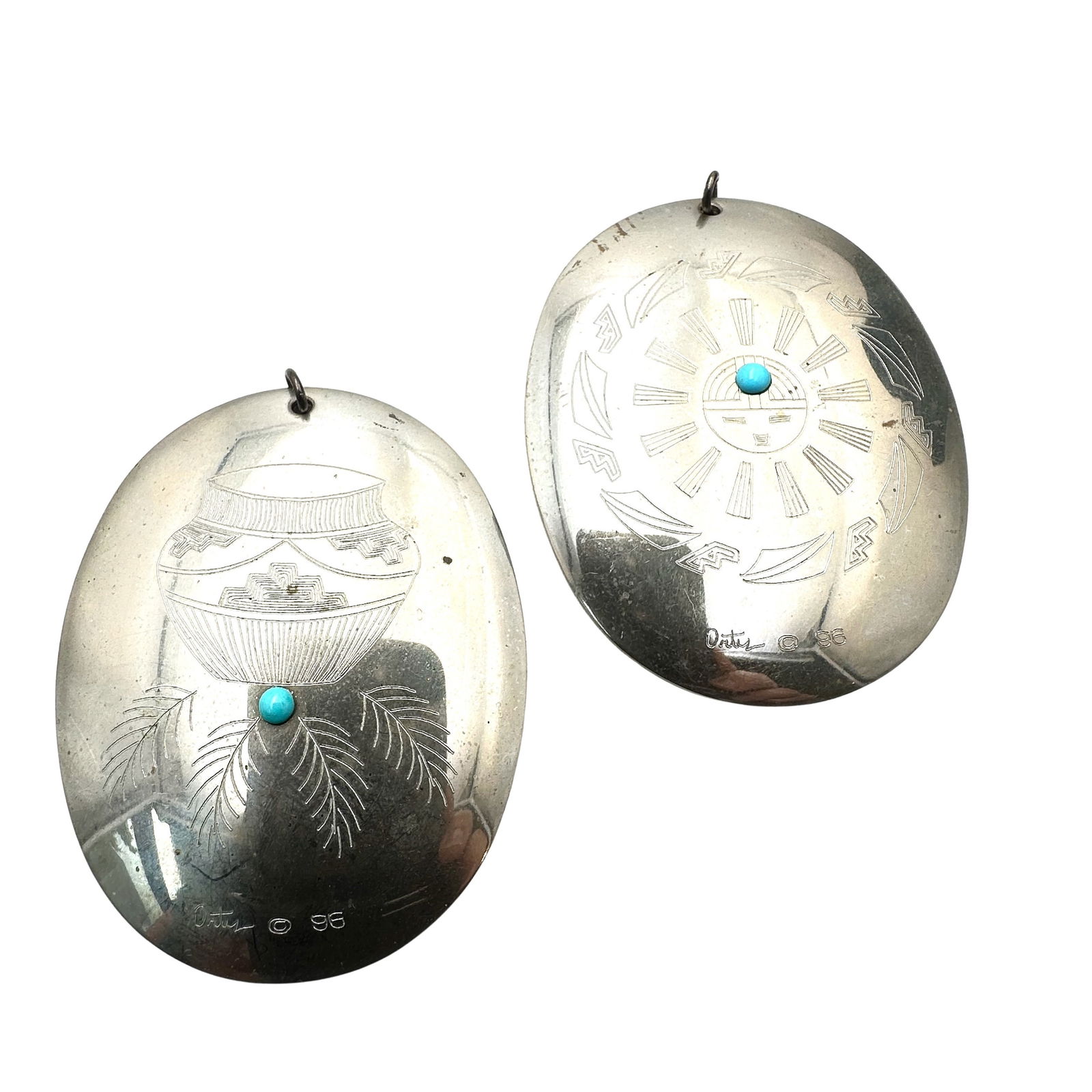 Vintage Group of Two Santa Fe Ortiz Silver Tone Turquoise Pendants (1 of 2)