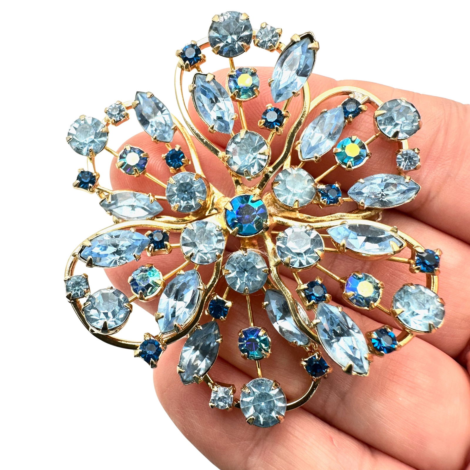 Vintage Regency Blue Glass Rhinestone Flower Gold Tone Brooch Pin (1 of 2)