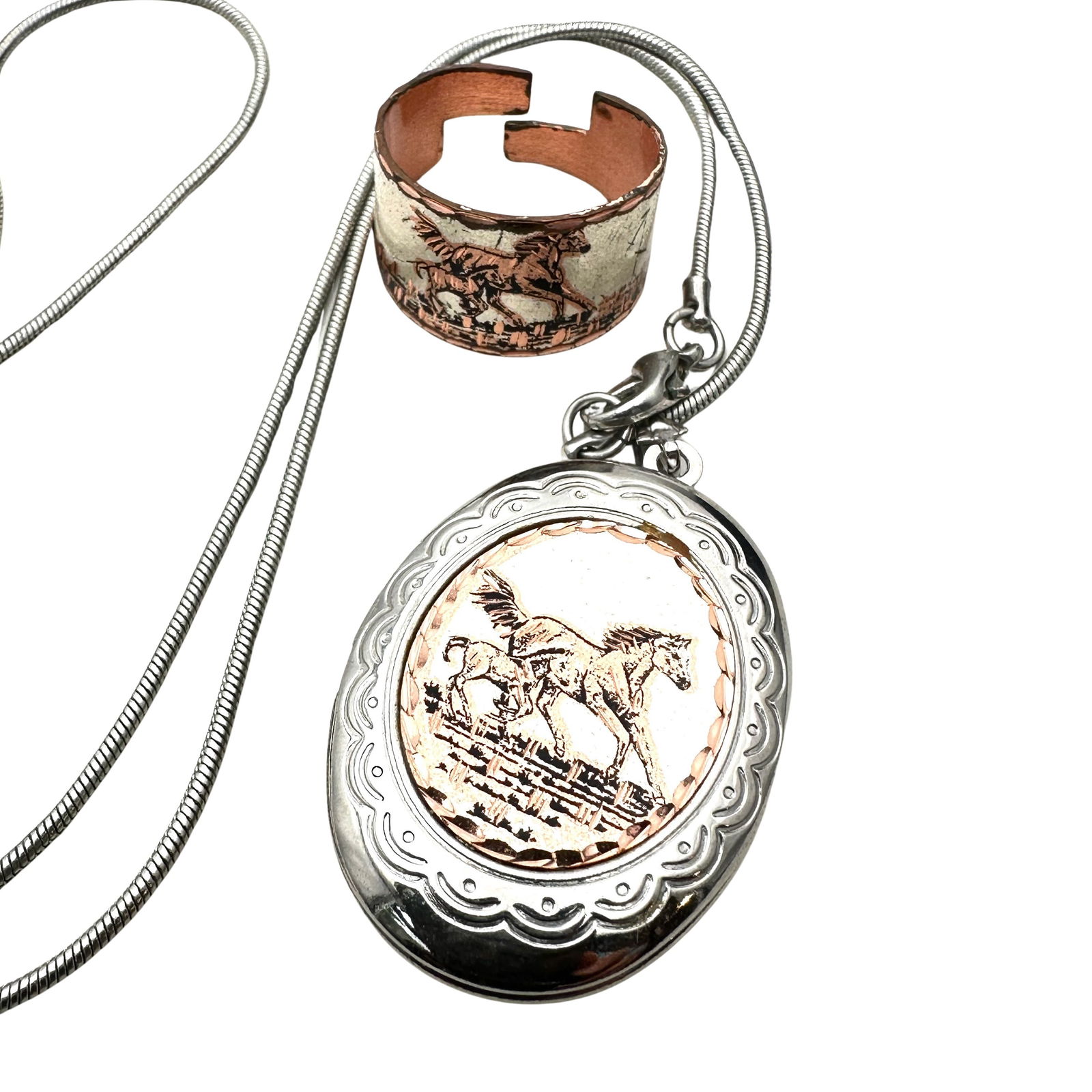 Vintage Silver Tone Copper Horse Locket Necklace Adjustable Ring: Vintage Silver Tone Copper Horse Locket Necklace Adjustable Ring