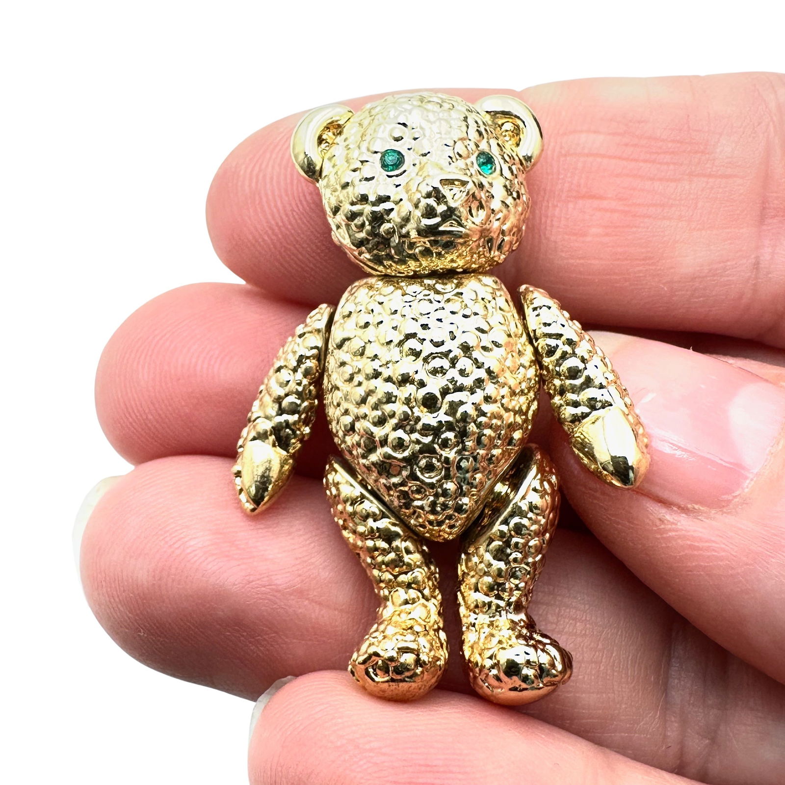 Vintage Articulated Gold Tone Bear Brooch Rhinestone Green Eyes (1 of 2)