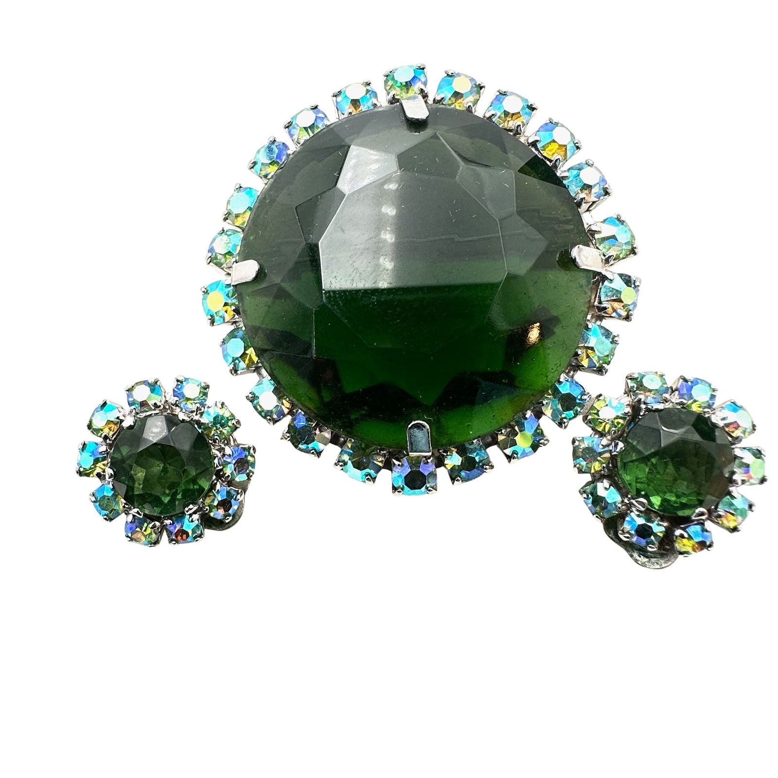 Vintage Emerald Green Glass Rhinestone Silver Tone Brooch Clip Earrings Set (1 of 2)