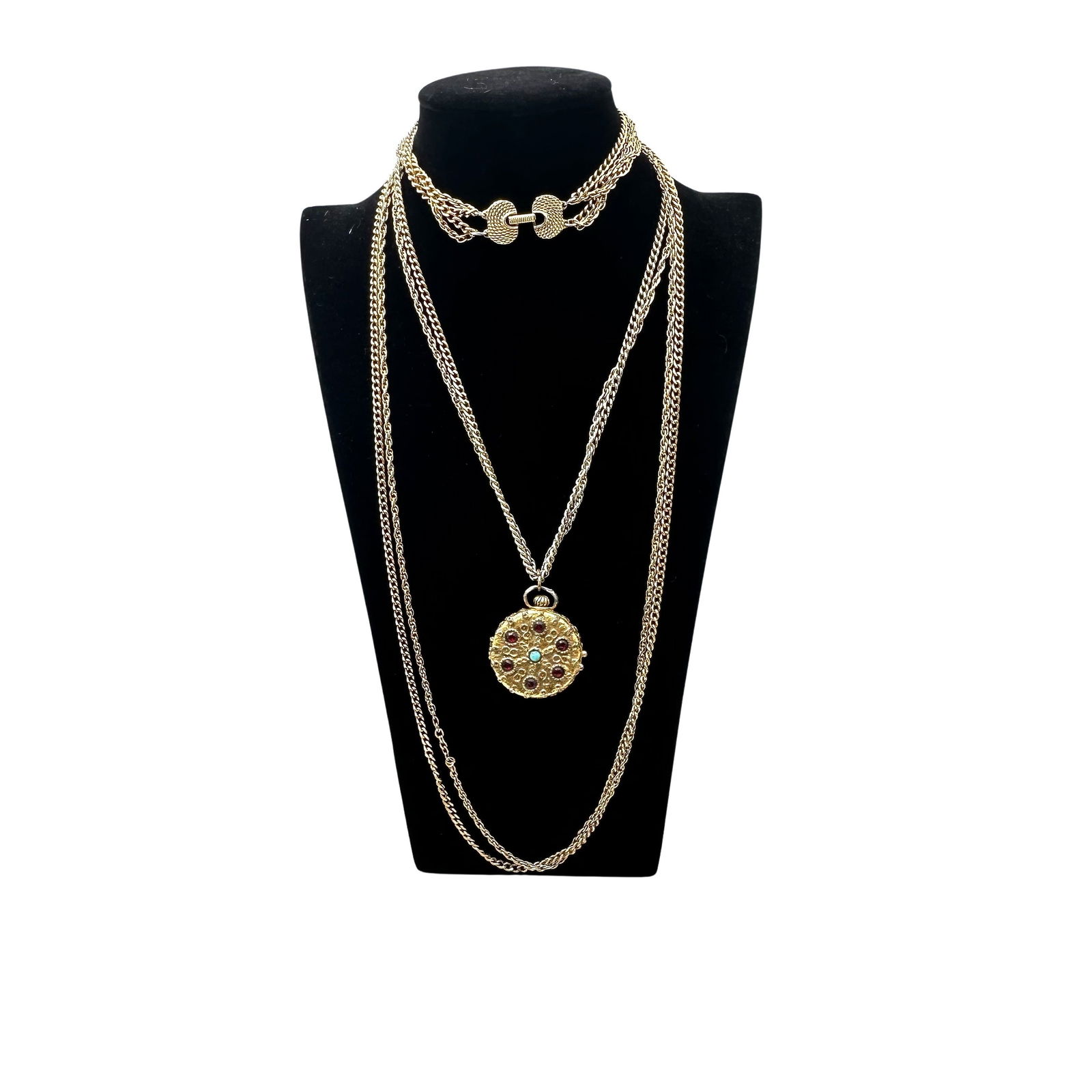 Vintage Goldette Jeweled Locket Multi Strand Gold Tone Necklace: Vintage Goldette Jeweled Locket Multi Strand Gold Tone Necklace