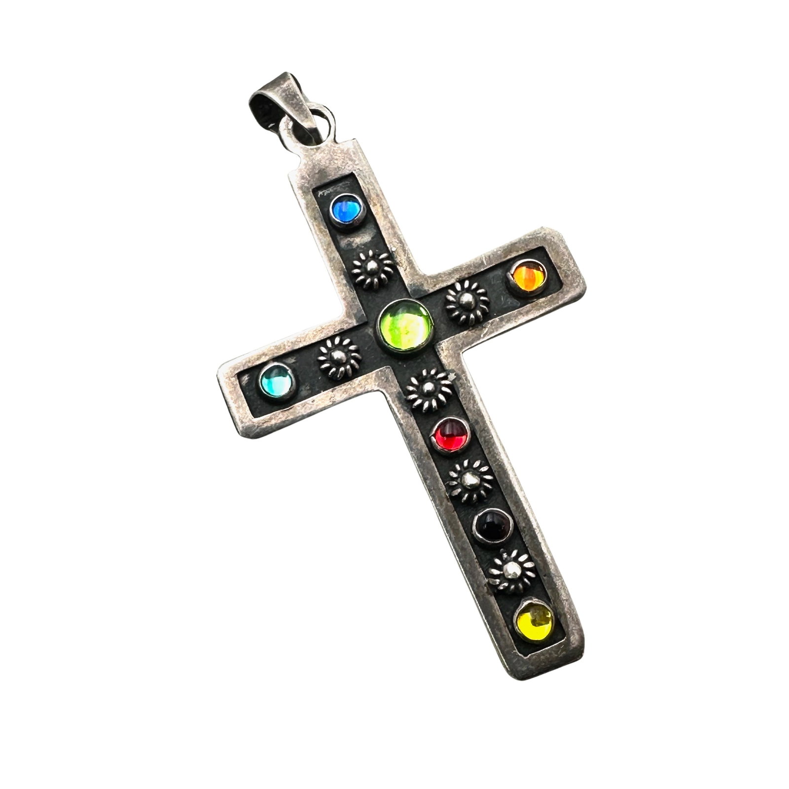 Vintage Sterling Silver Glass Stones Cross Pendant 2.5 Inch: Vintage Sterling Silver Glass Stones Cross Pendant 2.5 Inch
