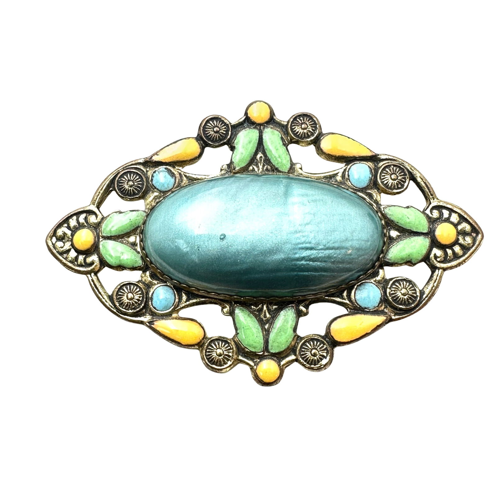 Vintage Antique 1920s Czech Glass Enamel Gold Tone Brooch Pin (1 of 2)