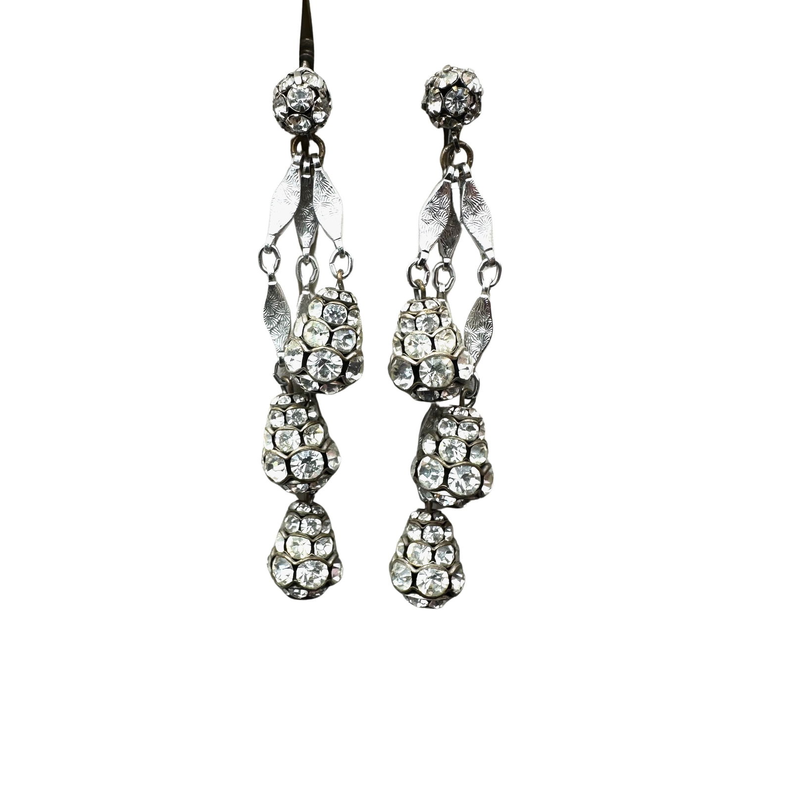 Vintage Crysal Rhinestone Ball Silver Tone Chandelier Earrings 3 Inch (1 of 2)