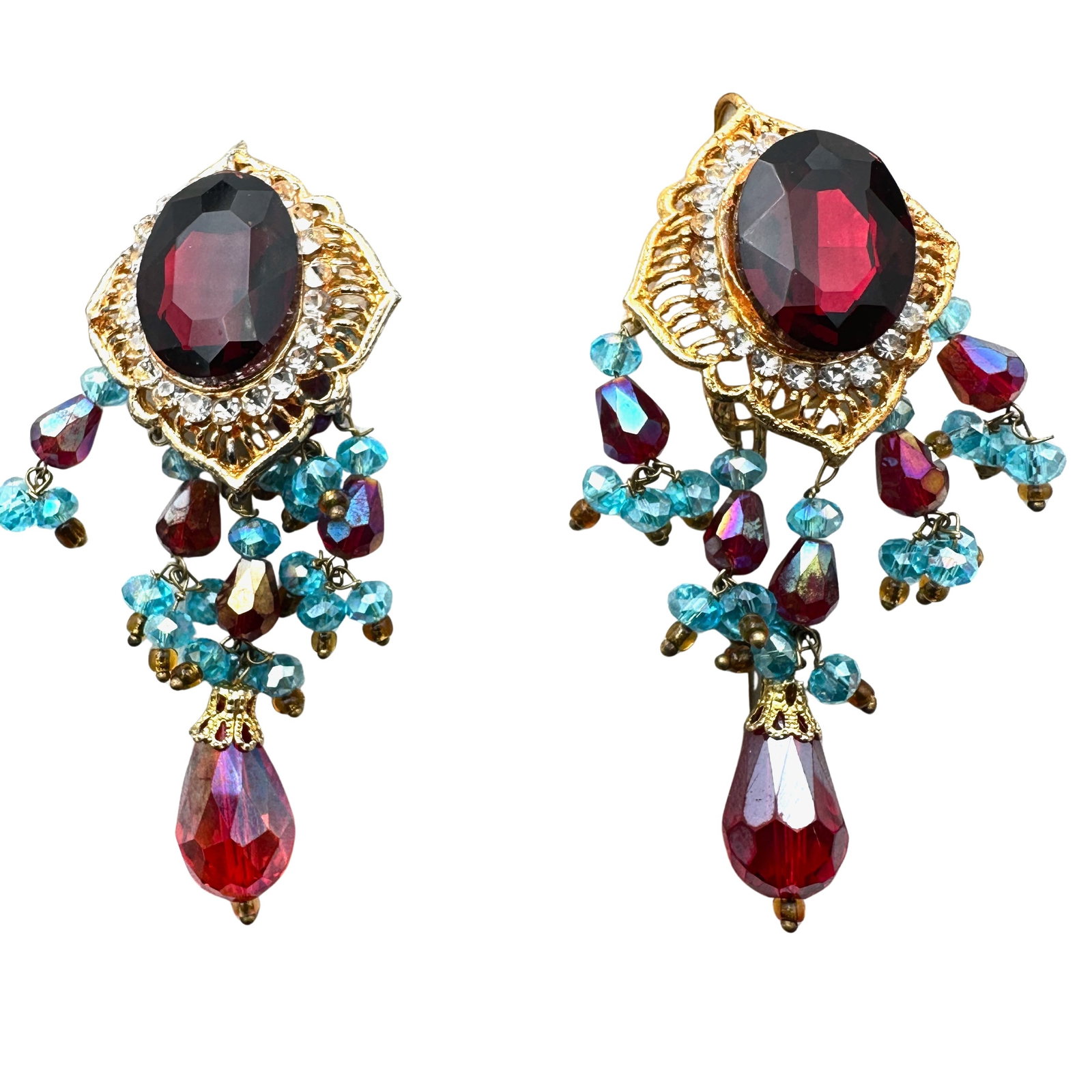 Vintage Red Blue Glass Rhinestone Gold Tone Chandelier Earrings Pierced: Vintage Red Blue Glass Rhinestone Gold Tone Chandelier Earrings Pierced