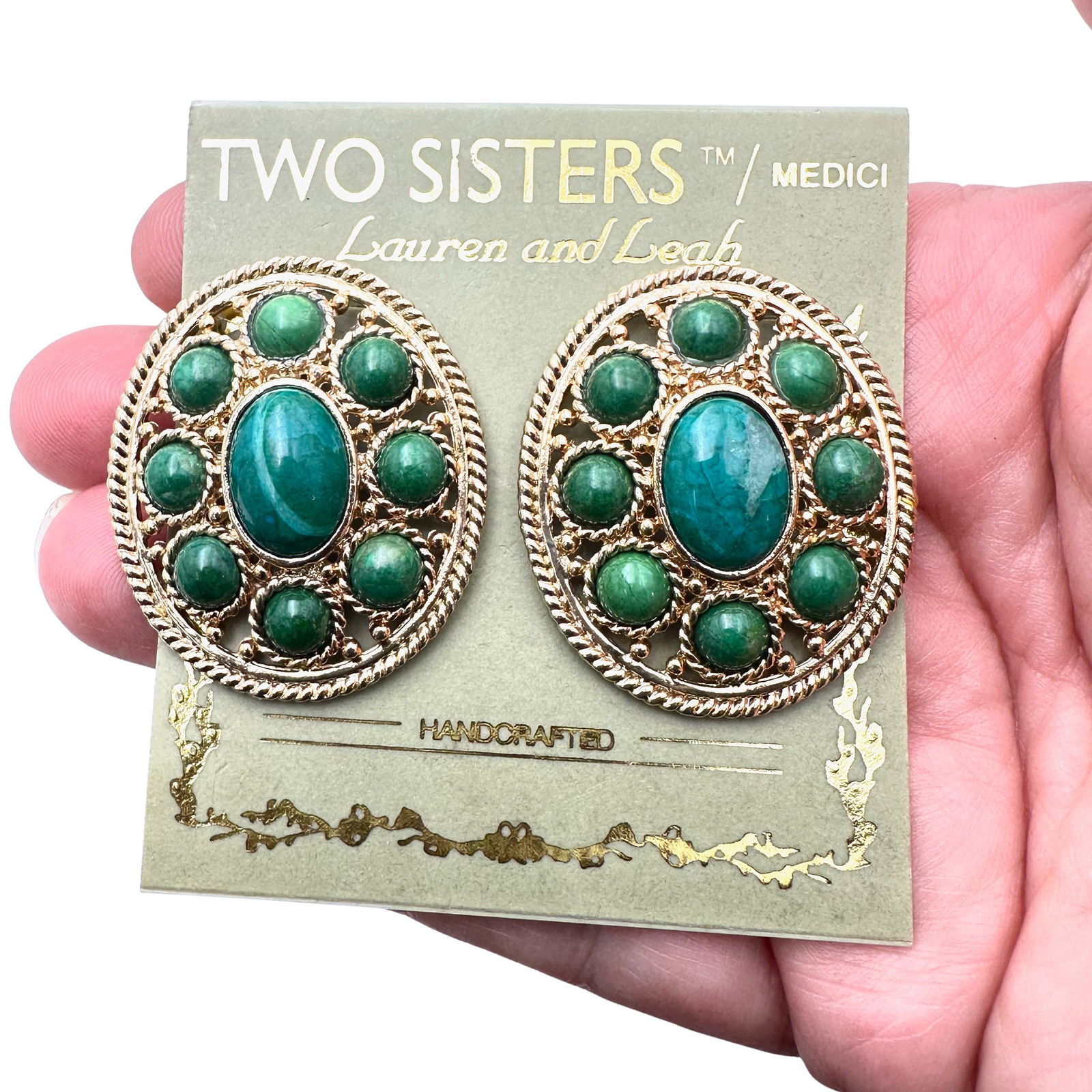 Vintage Two Sisters Green Cabochon Gold Tone Clip Earrings Original Card: Vintage Two Sisters Green Cabochon Gold Tone Clip Earrings Original Card