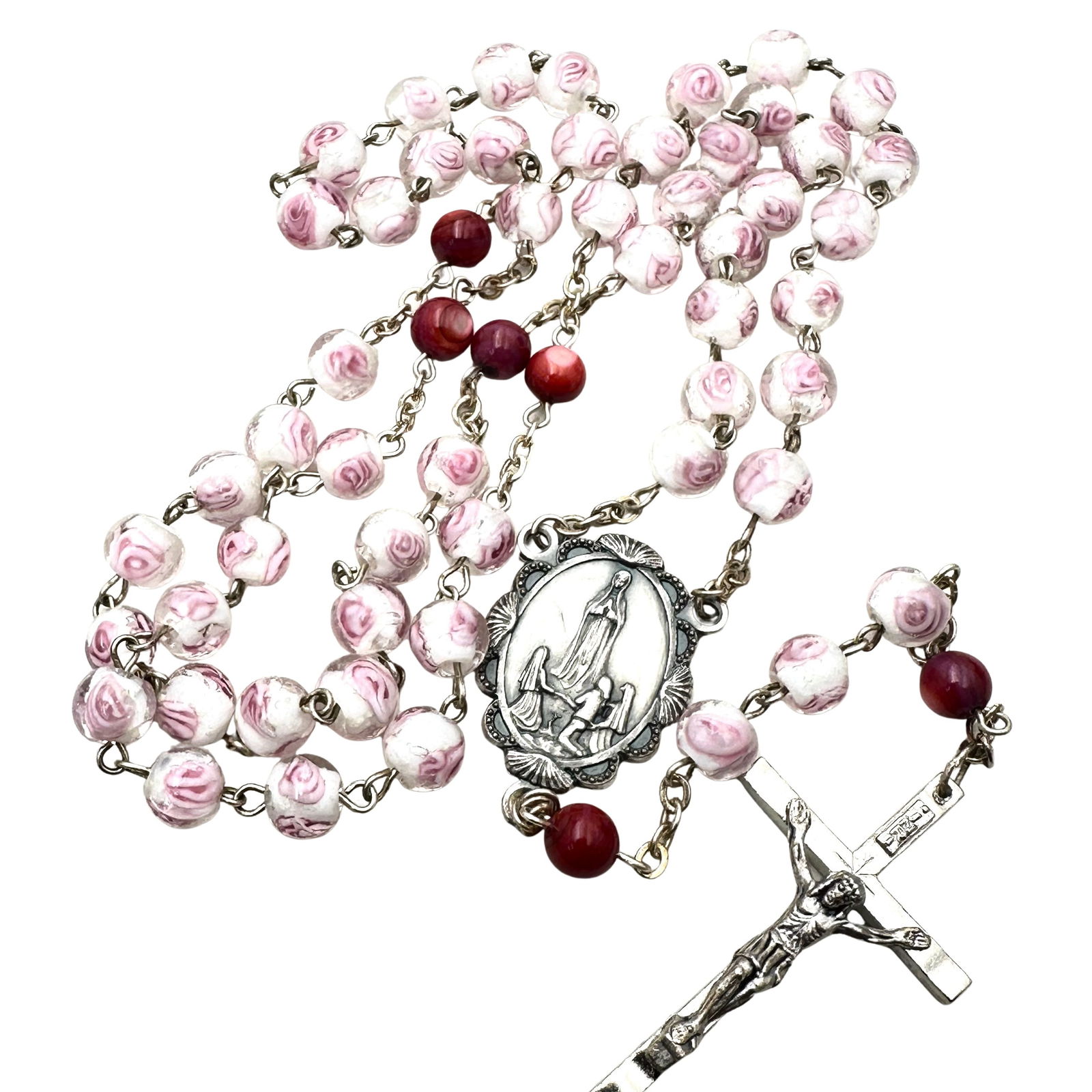 Vintage Rosary Italian Murano Glass Pink Roses Silver: Vintage Rosary Italian Murano Glass Pink Roses Silver