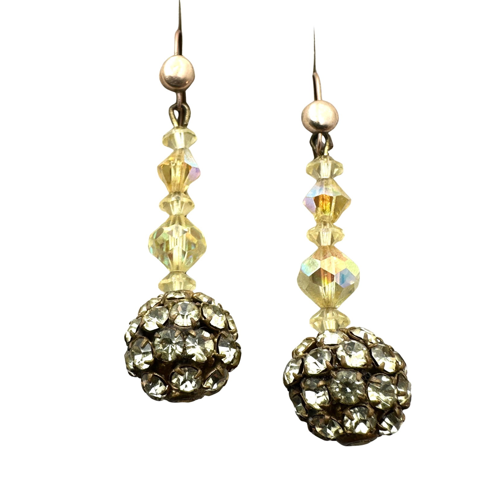 Vintage Yellow Aurora Borealis Rhinestone Ball Earrings Wire Pierced: Vintage Yellow Aurora Borealis Rhinestone Ball Earrings Wire Pierced