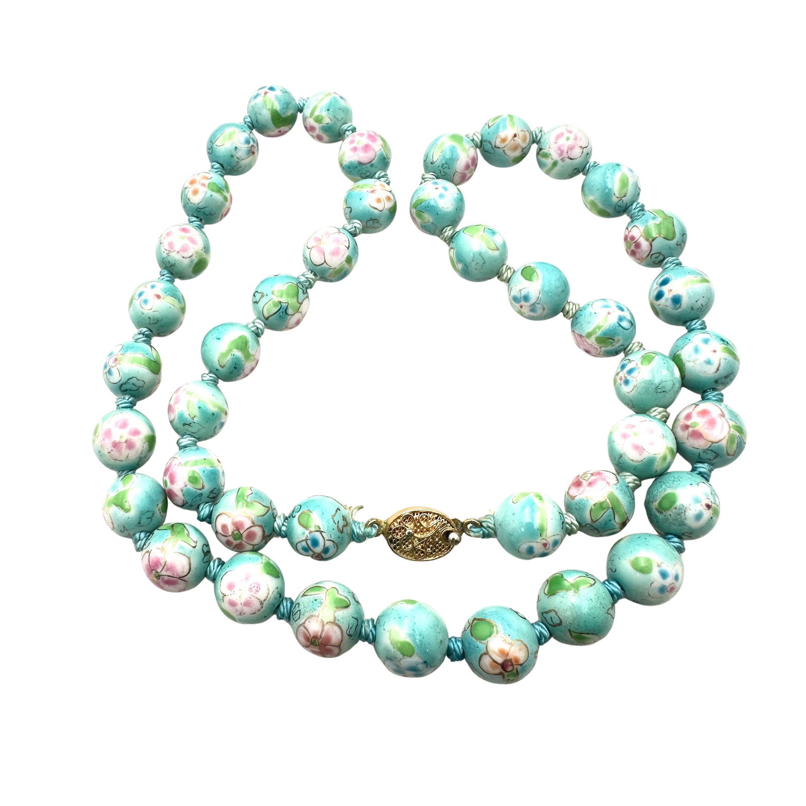 Vintage Chinese Hand Painted Porcelain Bead Necklace Pastels 24 Inch Hand Knotted (1 of 2)