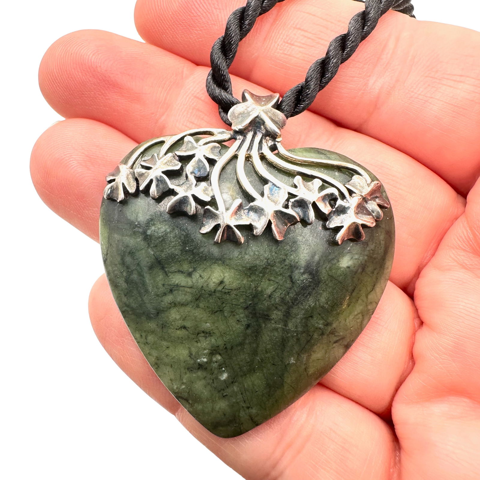 Vintage Connemara Marble Heart Sterling Silver Black Cord Necklace Irish Celtic (1 of 2)