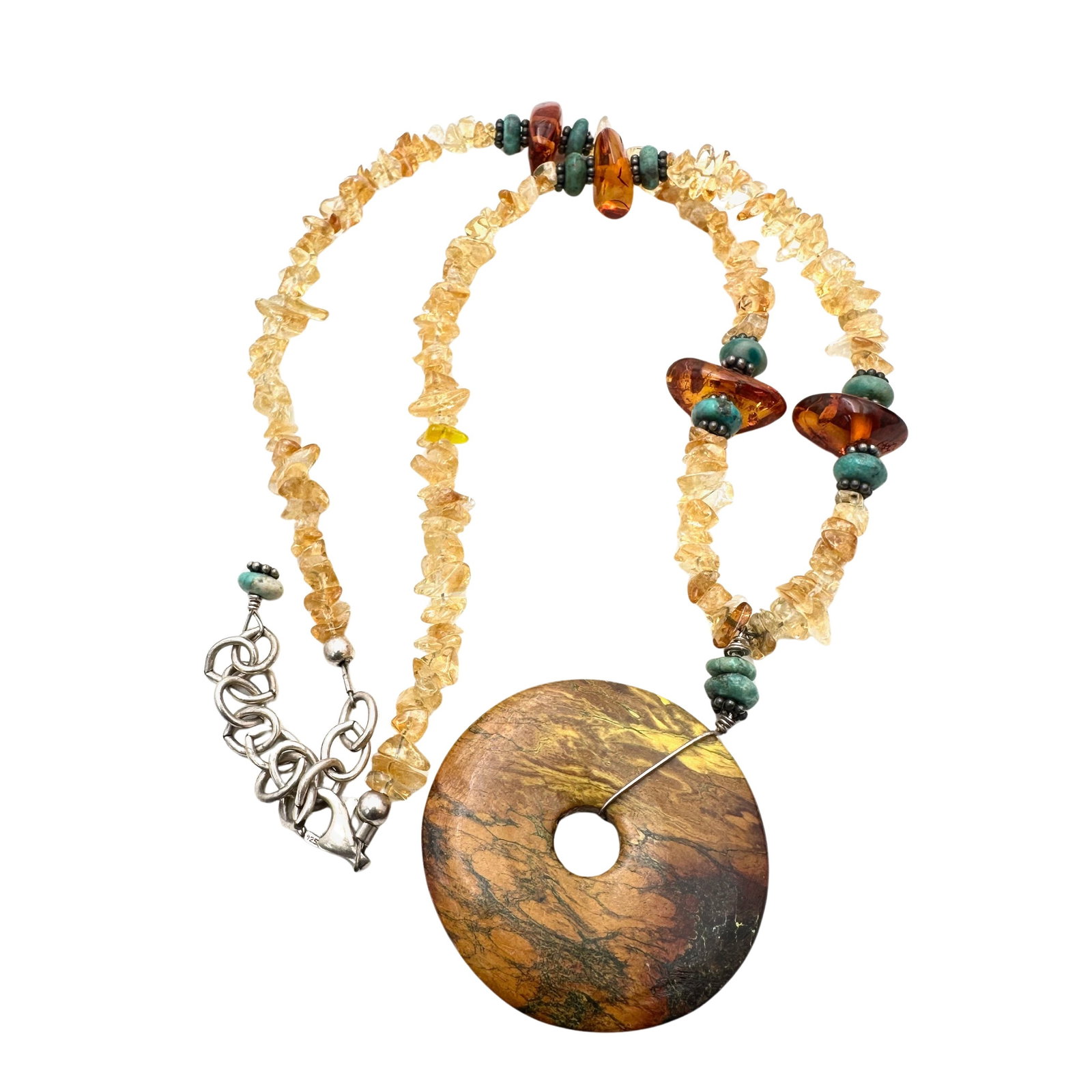 Sterling Silver Citrine Amber Turquoise Pendant Necklace: Sterling Silver Citrine Amber Turquoise Pendant Necklace