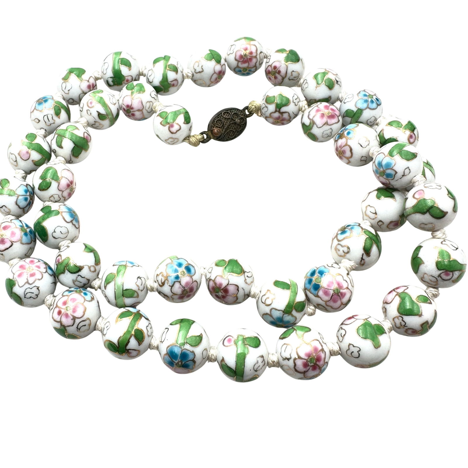 Vintage Chinesee Hand Painted Ceramic Bead Necklace Hand Knotted 24 Inch (1 of 2)