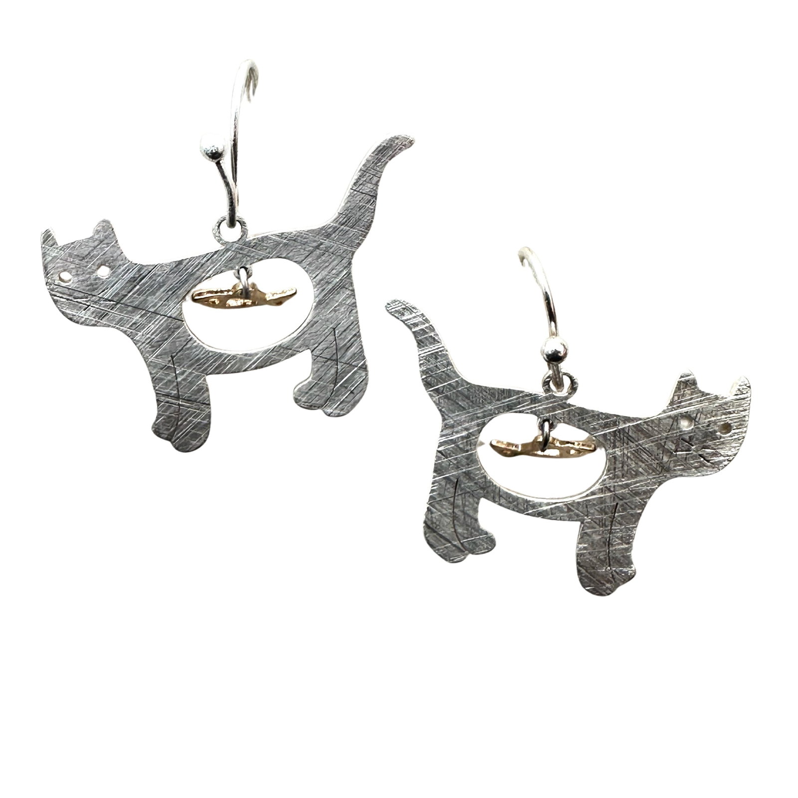 Sterling Silver Cat with Fish in Belly Pierced Earrings Adorable: Sterling Silver Cat with Fish in Belly Pierced Earrings Adorable