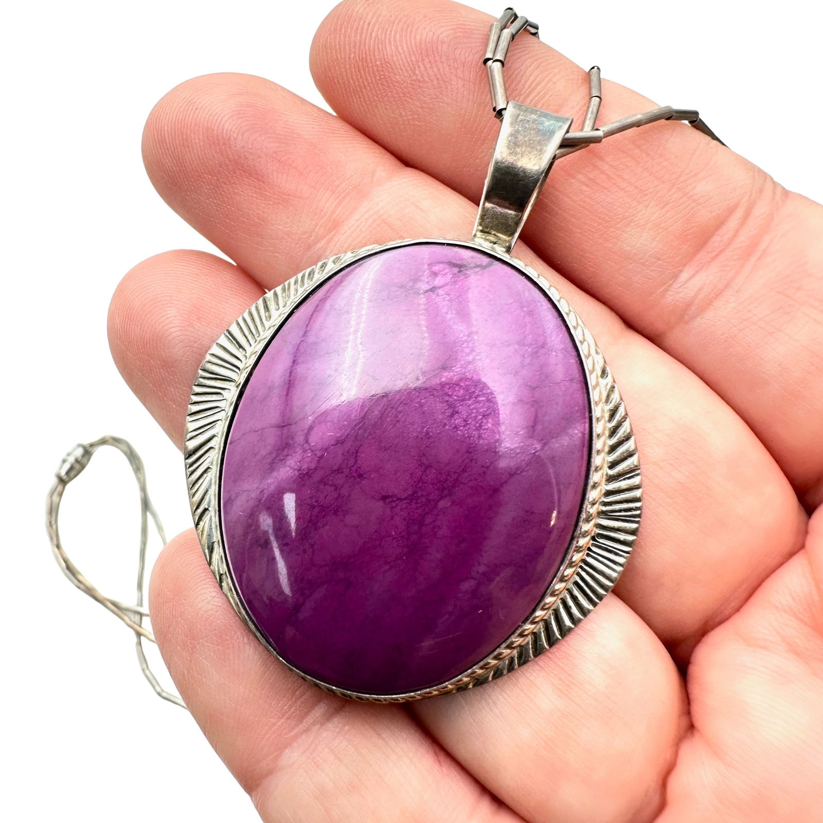 Native American Signed BT Sterling Purple Gemstone Pendant Necklace 20 Inch 26 Grams (1 of 2)