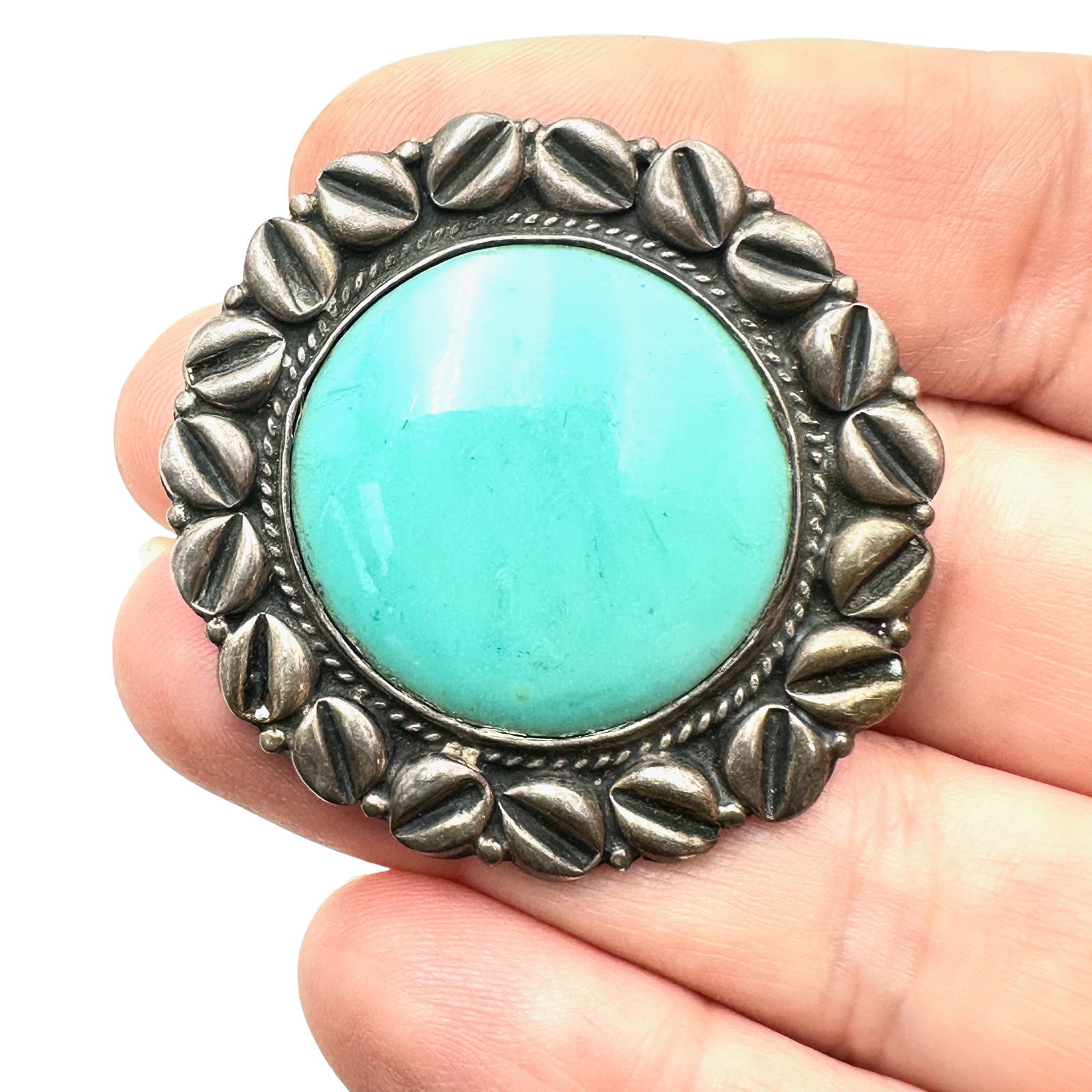 Vintage Older Mexico Sterling Silver Turquoise Brooch C Clasp 1.5 Inch (1 of 2)