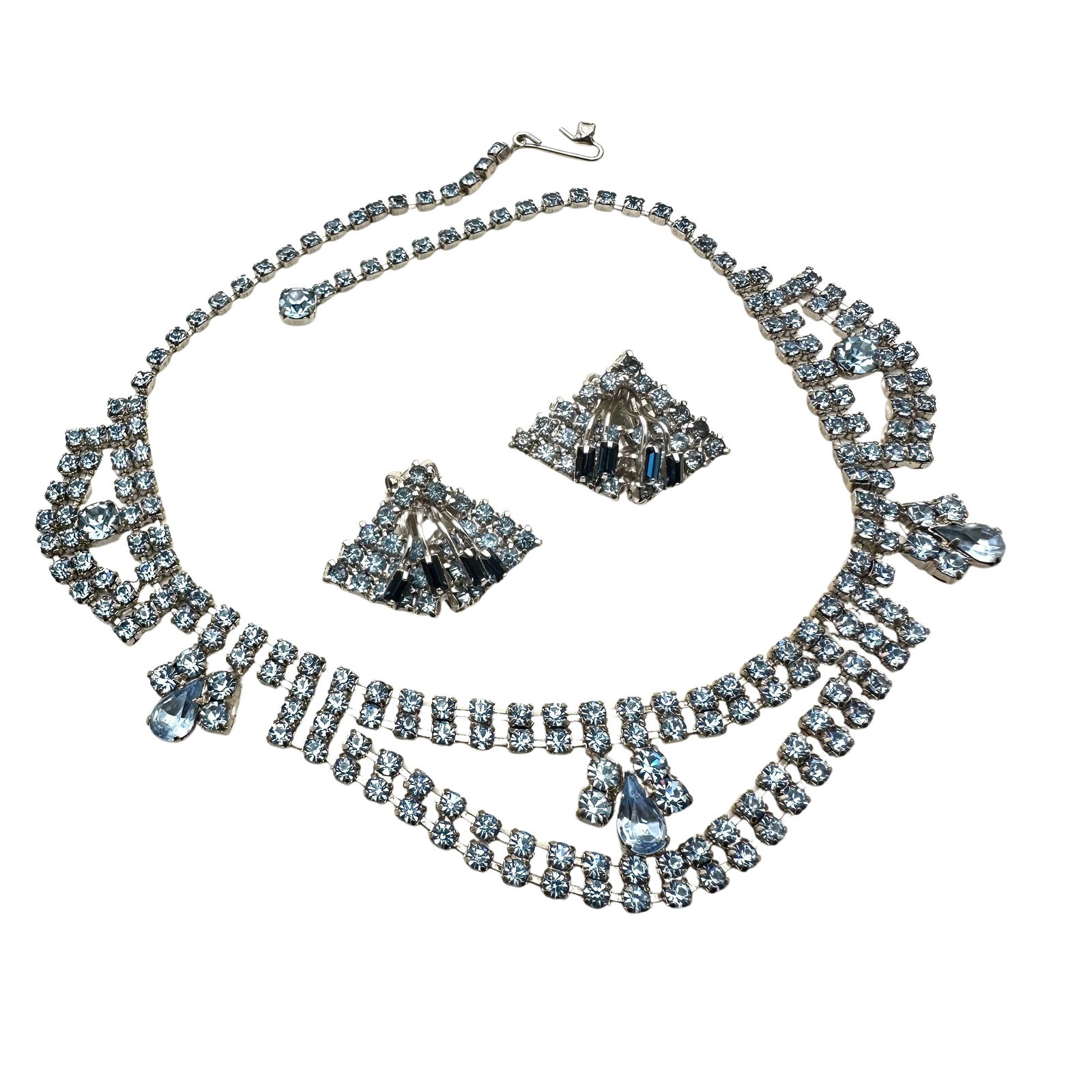 Vintage Light Dark Blue Glass Rhinestone Necklace Clip Earrings Set (1 of 2)