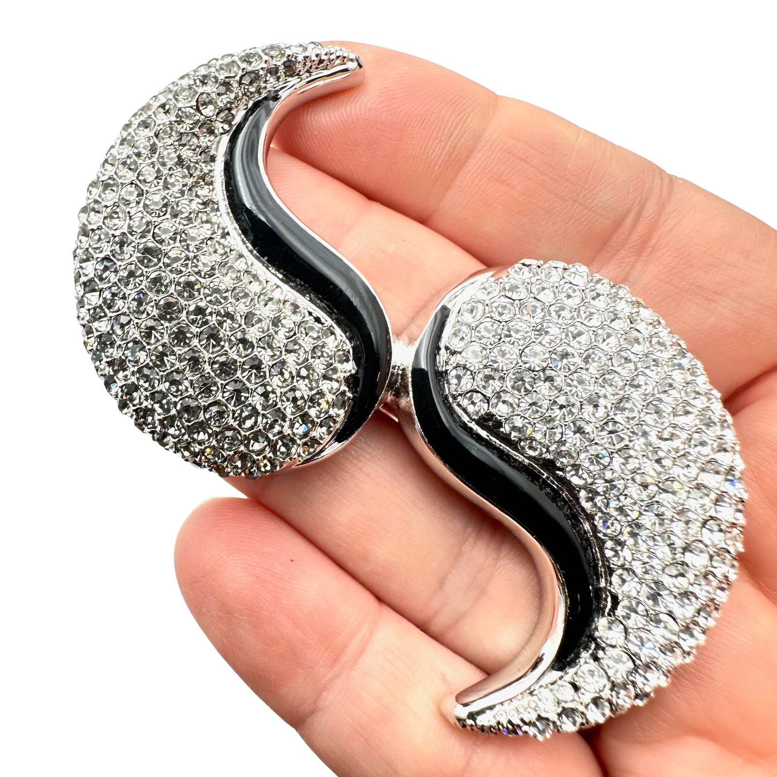 Vintage Hutton Wilkinson Clear Rhinestone Black Enamel Silver Brooch Pin: Vintage Hutton Wilkinson Clear Rhinestone Black Enamel Silver Brooch Pin