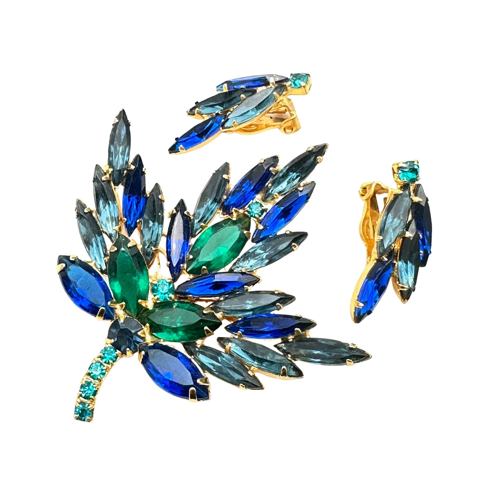 Vintge Blue Green Glass Rhinestone Gold tone Leaf Brooch Clip Earrings Set (1 of 2)