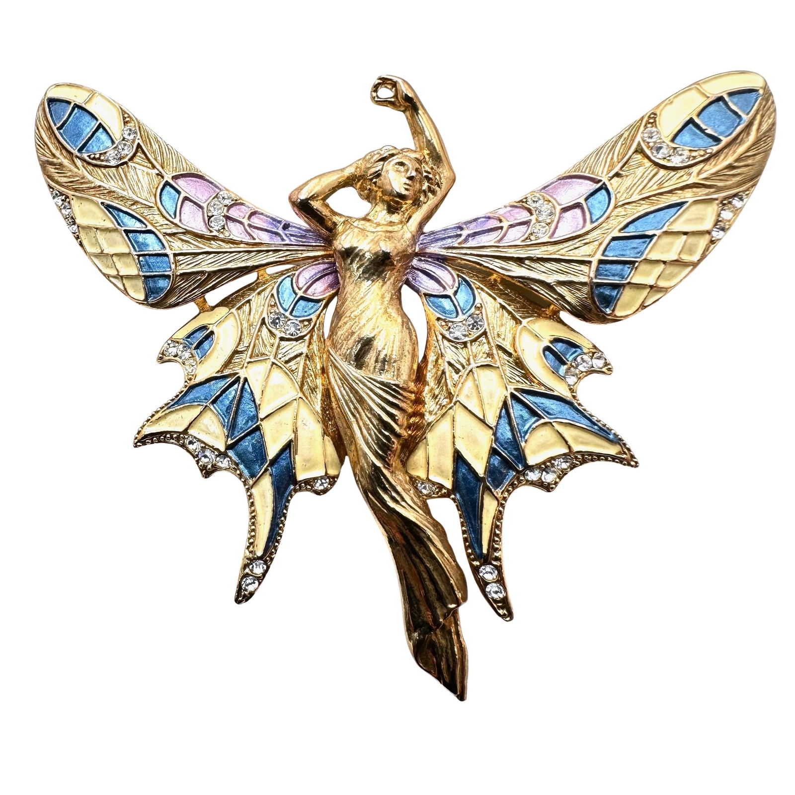 Vintage Huge Art Nouveau Revival Lady Butterfly Brooch Enamel Gold Tone 3.5 Inch (1 of 2)