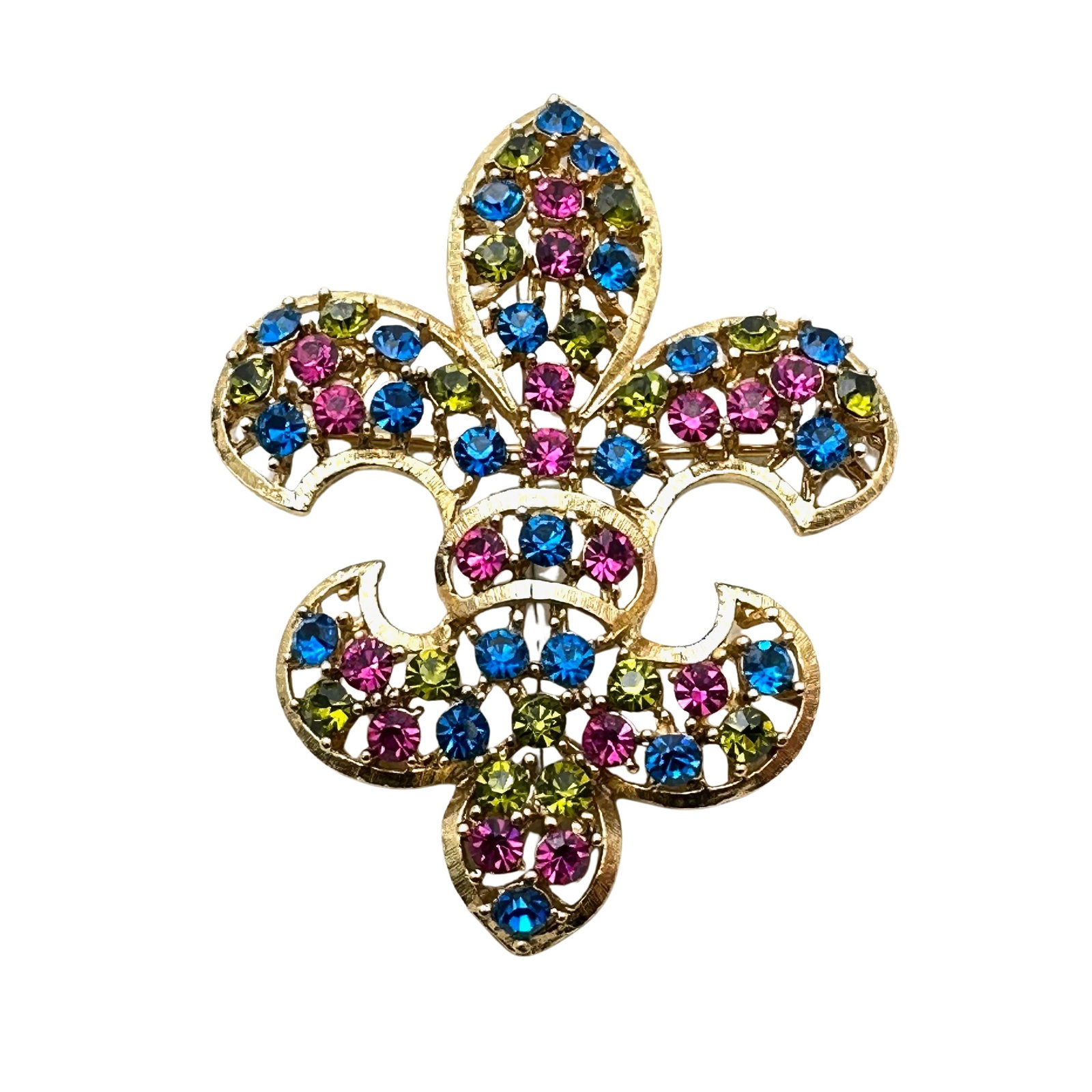 Vintage Mjent Multicolor Glass Rhinestone Gold Tone Fleur De Lis Brooch Pin: Vintage Mjent Multicolor Glass Rhinestone Gold Tone Fleur De Lis Brooch Pin