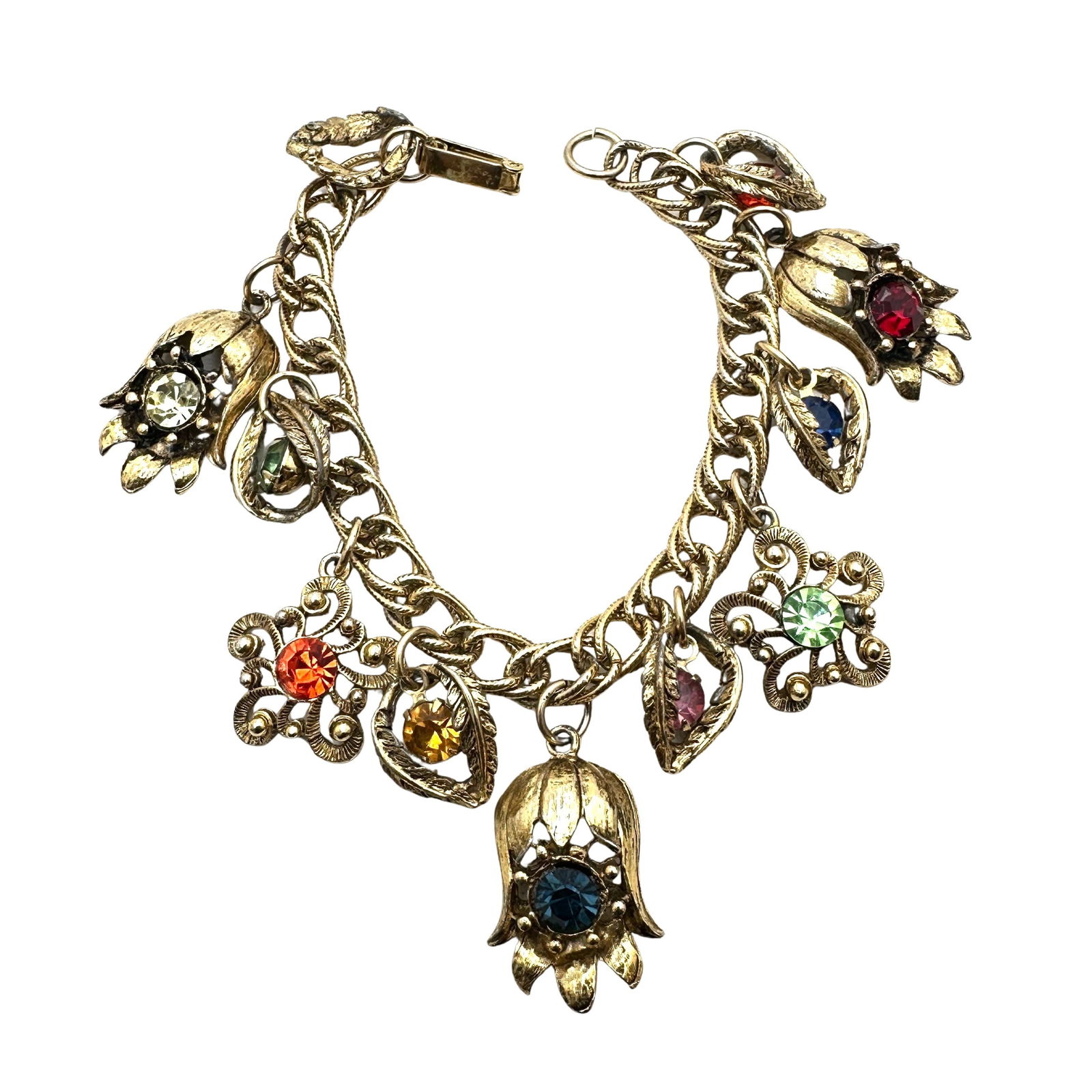 Vintage Multicolor Glass Rhinestone Gold Tone Charm Bracelet 7 Inch (1 of 2)