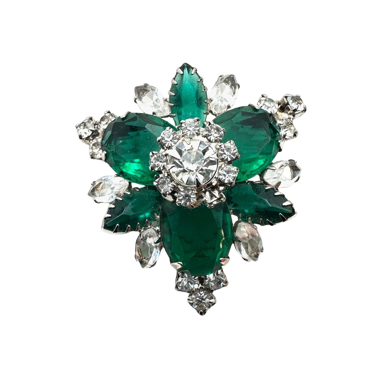 Vintage Emerald Green Glass Rhinestone Silver Tone Brooch: Vintage Emerald Green Glass Rhinestone Silver Tone Brooch