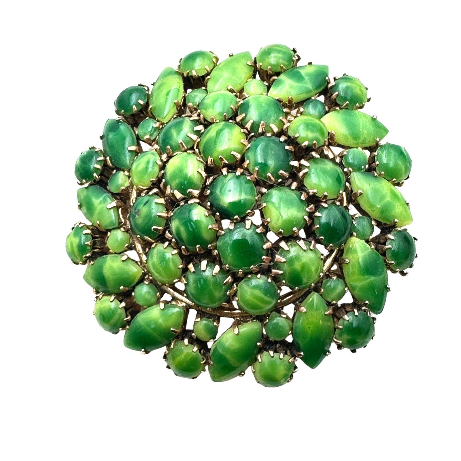 Vintage Marbled Green Glass Rhinestone Gold Tone Brooch Pin Unusual Stones: Vintage Marbled Green Glass Rhinestone Gold Tone Brooch Pin Unusual Stones