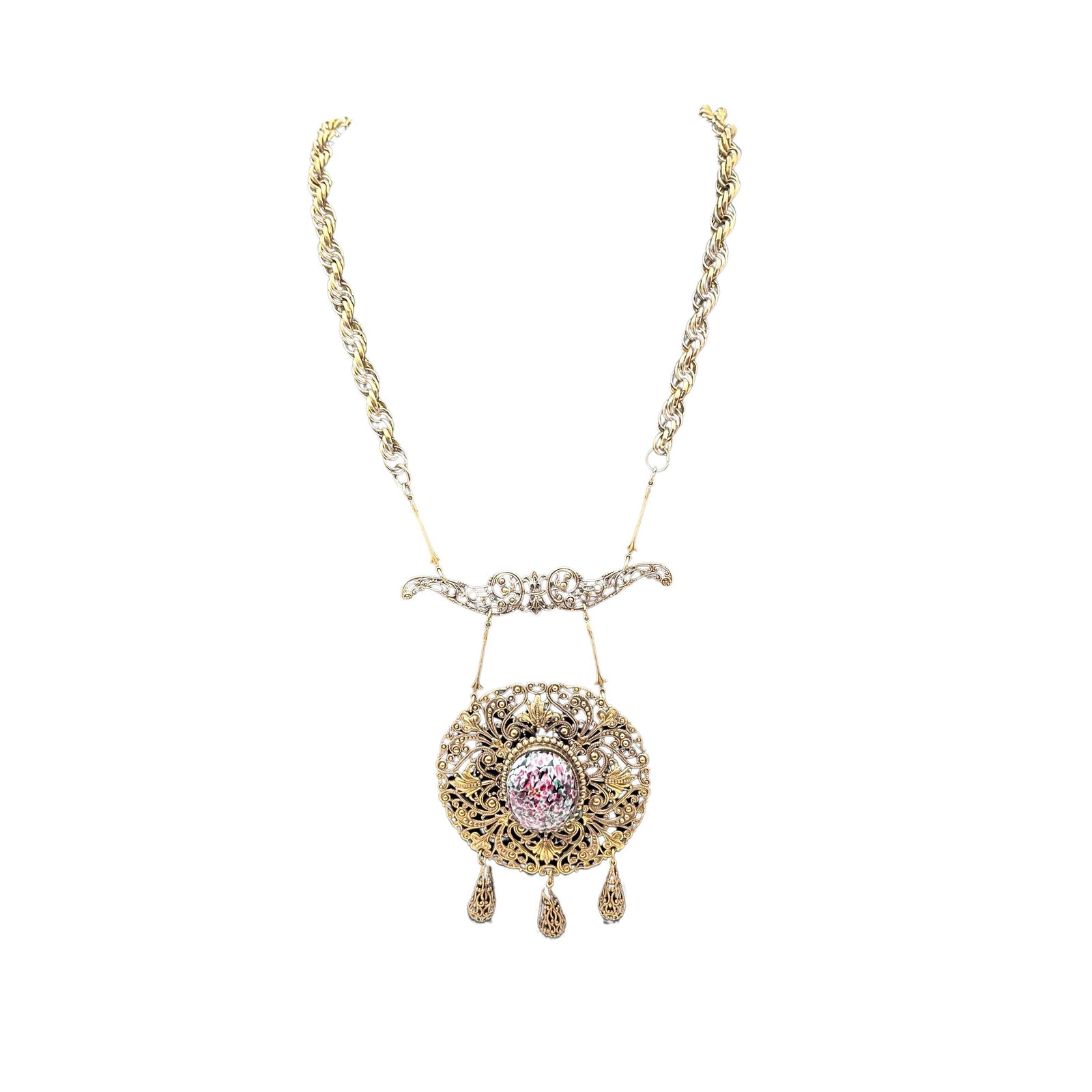 Vintage Bronze Filigree Italian Murano Glass Cabochon 5 Inch Pendant 24 Inch Necklace: Vintage Bronze Filigree Italian Murano Glass Cabochon 5 Inch Pendant 24 Inch Necklace