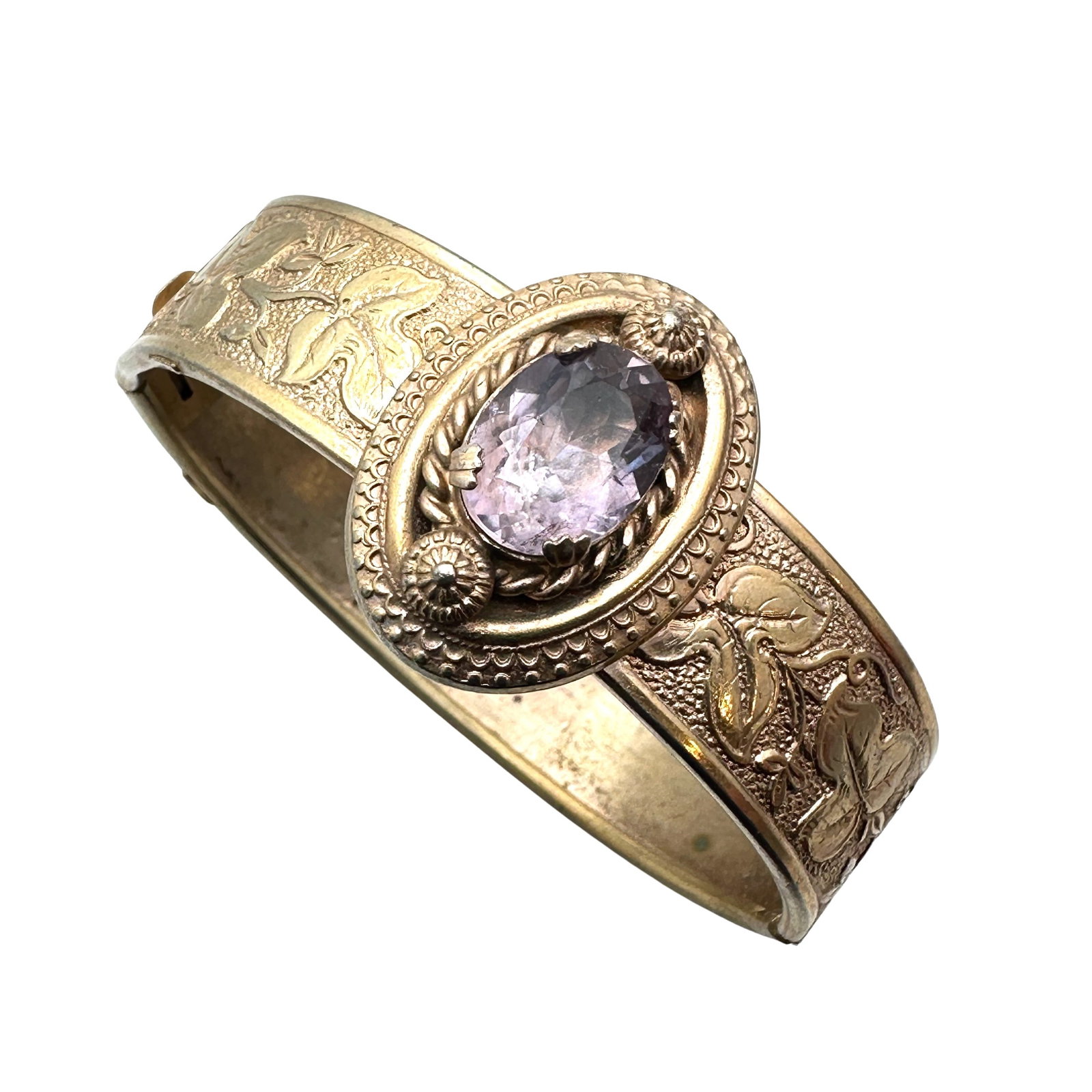 Antique Gold Tone Hinged Bracelet Purple Stone 7 Inch: Antique Gold Tone Hinged Bracelet Purple Stone 7 Inch