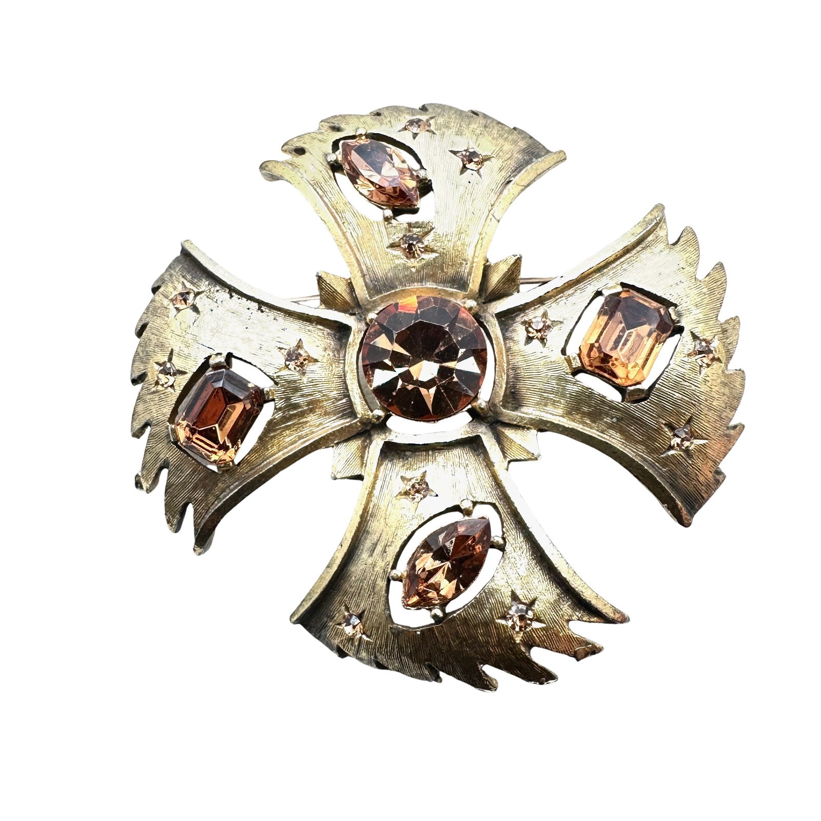 Vintage Amber Glass Rhinestone Gold tone Maltese Cross Brooch Pin: Vintage Amber Glass Rhinestone Gold tone Maltese Cross Brooch Pin