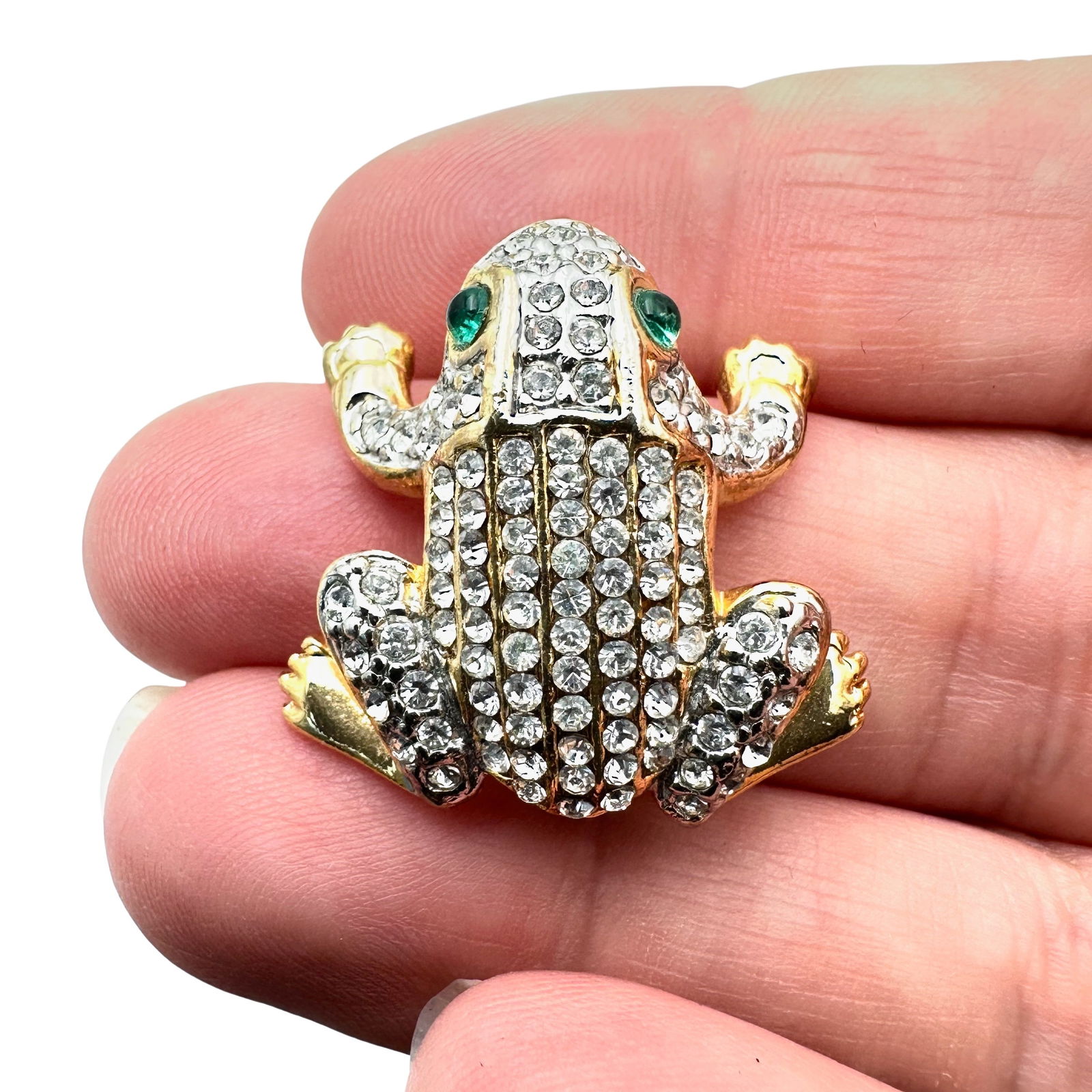 Vintage Frog Figural Crystal Rhinestone Gold Tone Brooch Pin Unsigned (1 of 2)