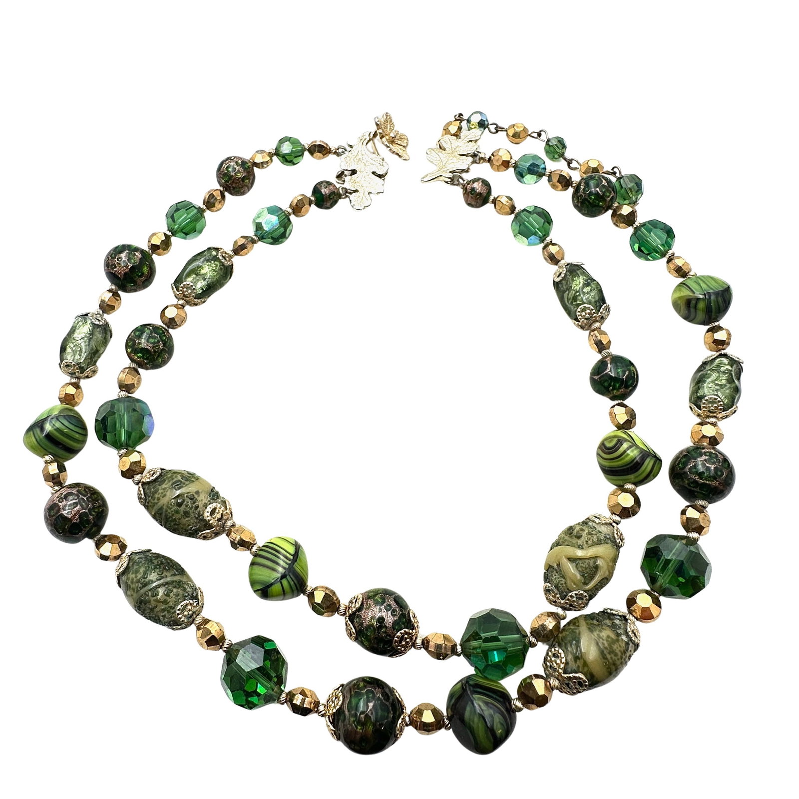 Vintage Vendome Green Art Glass Crystal Double Strand Gold Tone Necklace 16 to 18 Inch: Vintage Vendome Green Art Glass Crystal Double Strand Gold Tone Necklace 16 to 18 Inch
