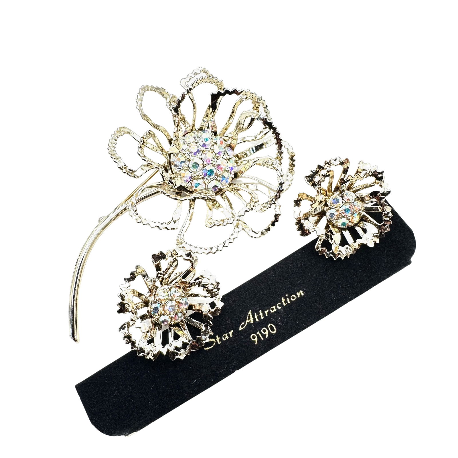 NOS Vintage Sarah Coventry Star Attraction Rhienstone Flower Brooch Earrings Set (1 of 2)