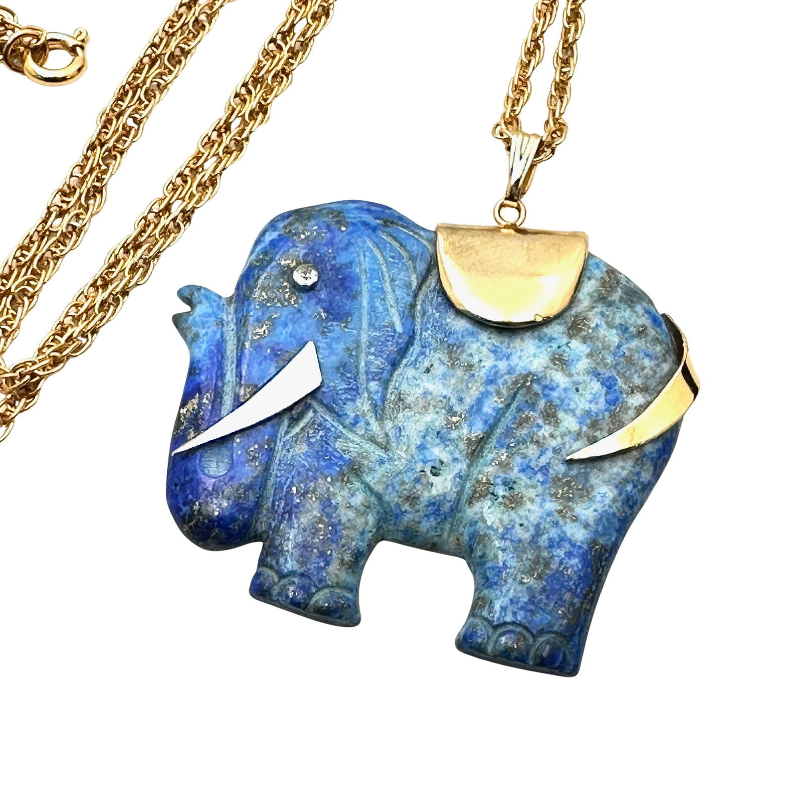 Vintage Carved Lapis Lazuli Elephant 2 Inch Pendant 24 Inch Gold Tone Chain (1 of 2)