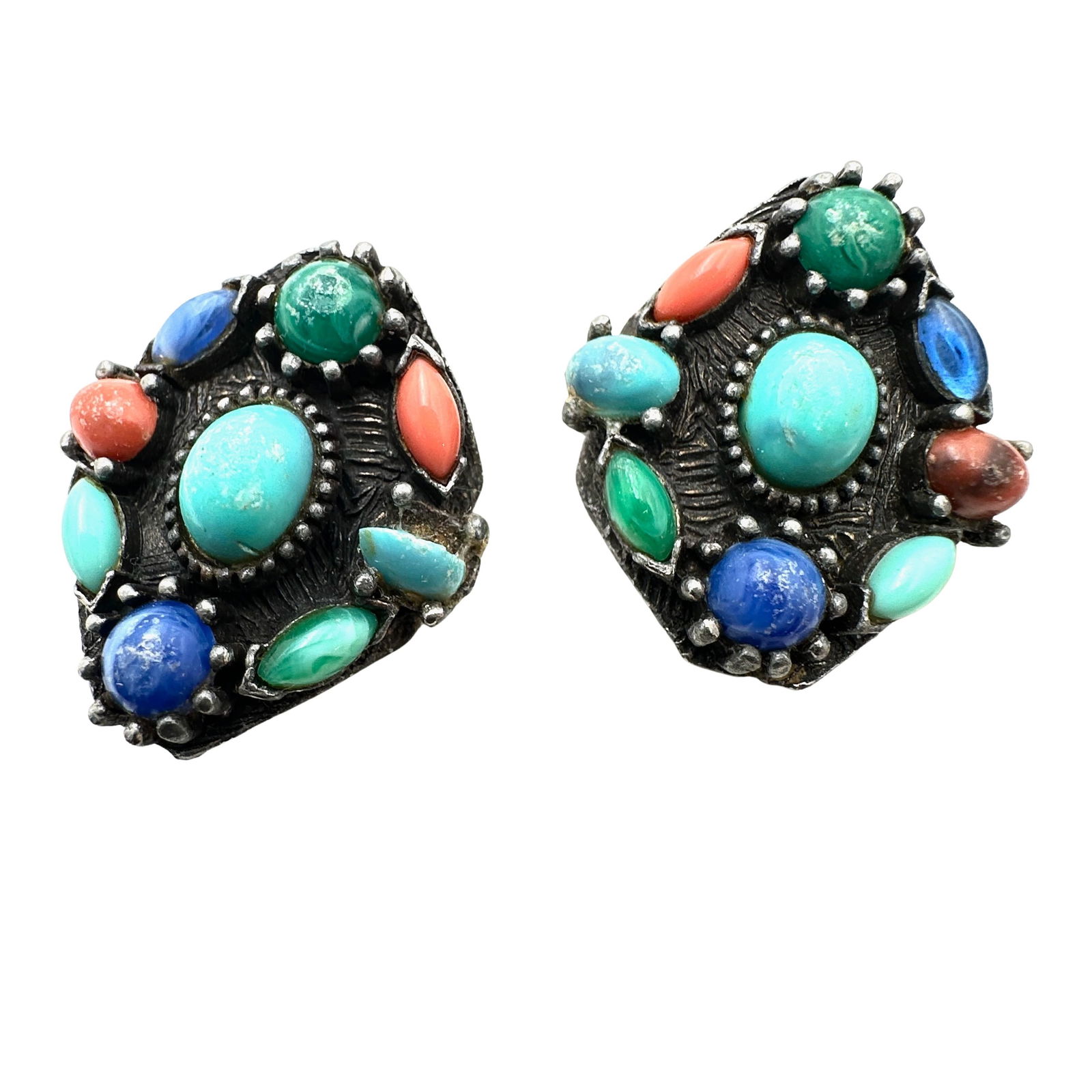 Vintage Silver Tone Clip Earrings Faus Turquoise Coral Lapis (1 of 2)