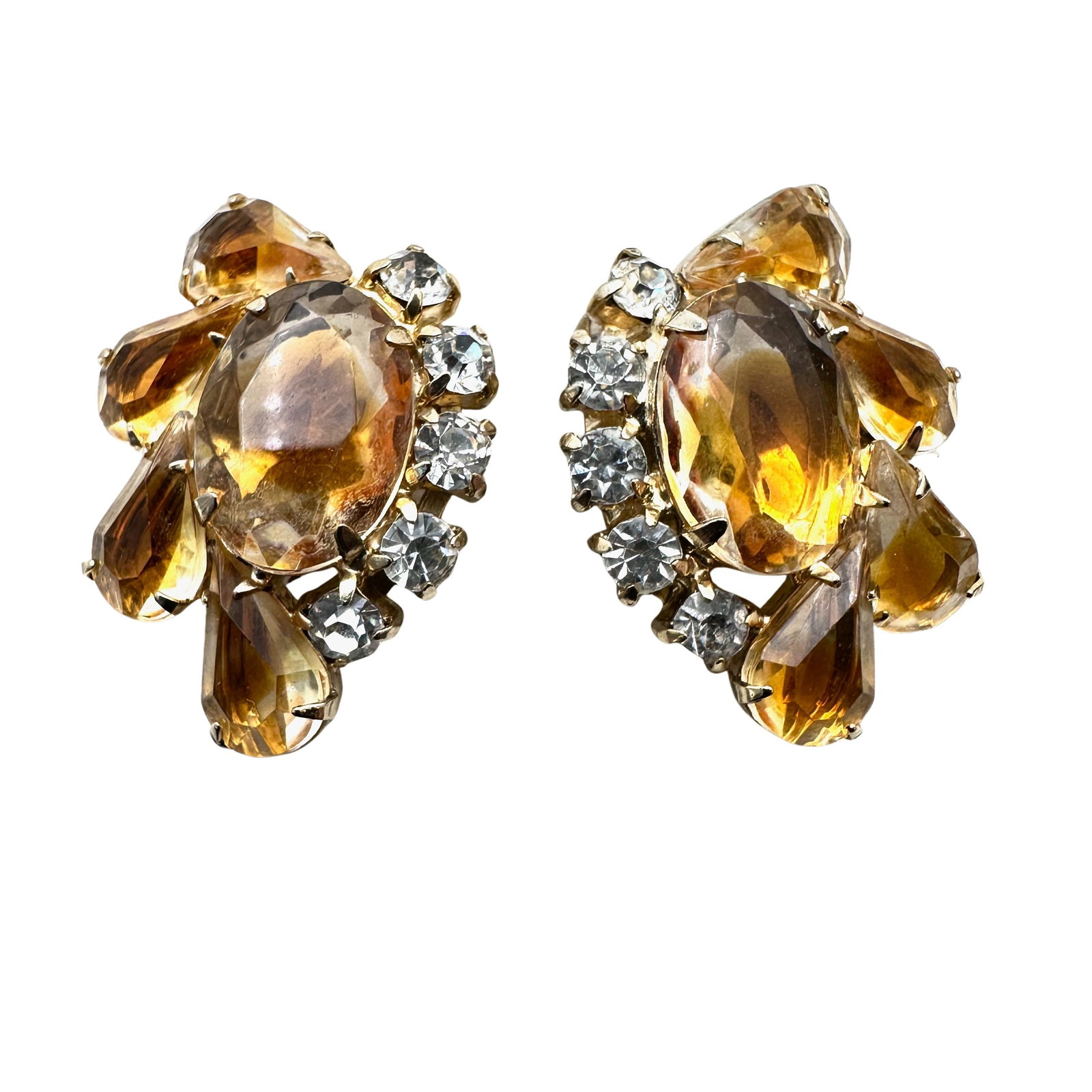 Vintage Juliana Amber Givre Glass Rhinestone Gold Tone Clip Earrings: Vintage Juliana Amber Givre Glass Rhinestone Gold Tone Clip Earrings
