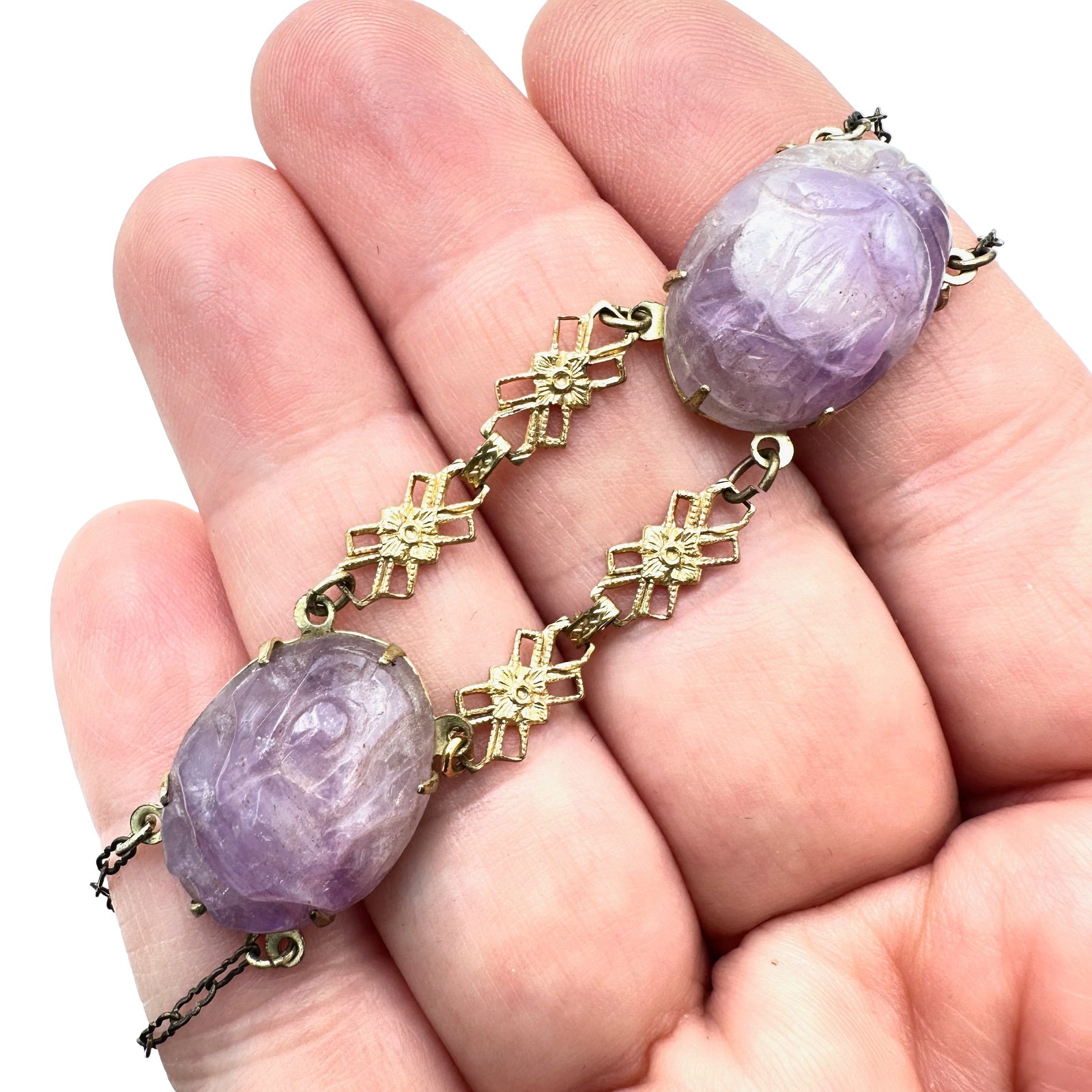 Antique Carved Amethyst Scarabs Gold Tone Filigree Bracelet Unique 7 Inch: Antique Carved Amethyst Scarabs Gold Tone Filigree Bracelet Unique 7 Inch