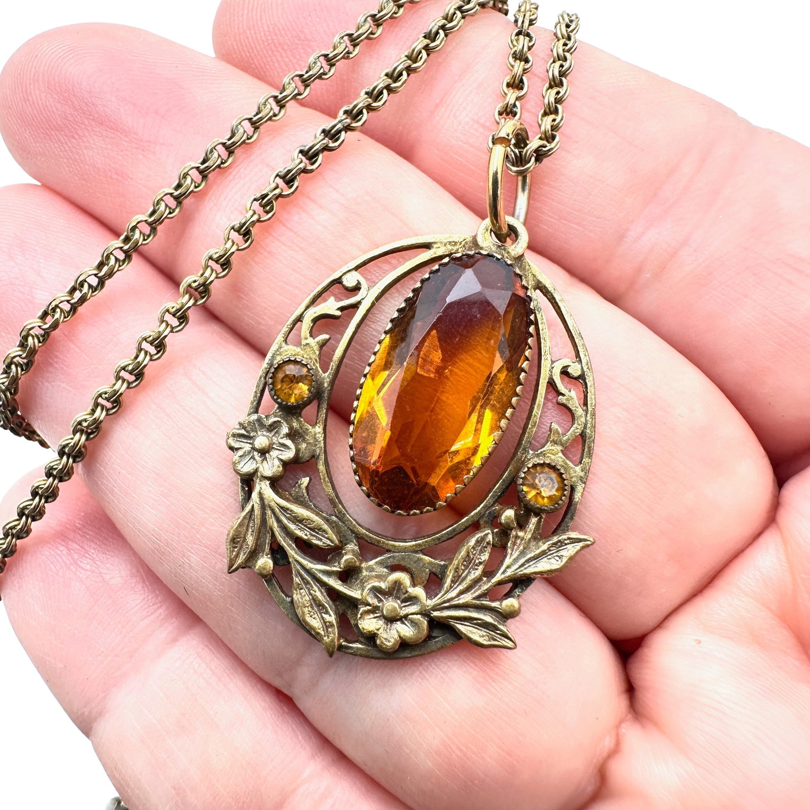 Antique Amber Czech Glass Pendant Necklace 24 Inch Gold Filled Chain: Antique Amber Czech Glass Pendant Necklace 24 Inch Gold Filled Chain