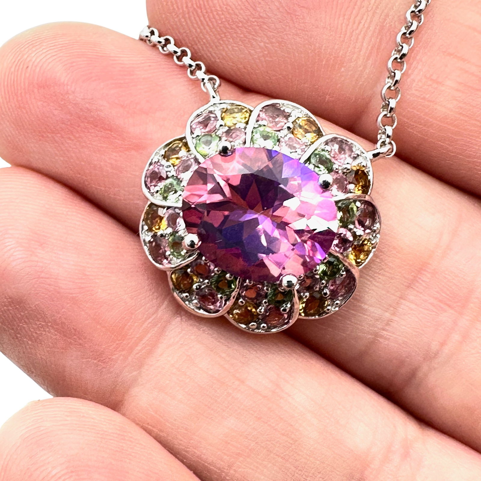 Sterling Silver Multi Gemstone Pendant Necklace 16 Inch (1 of 2)