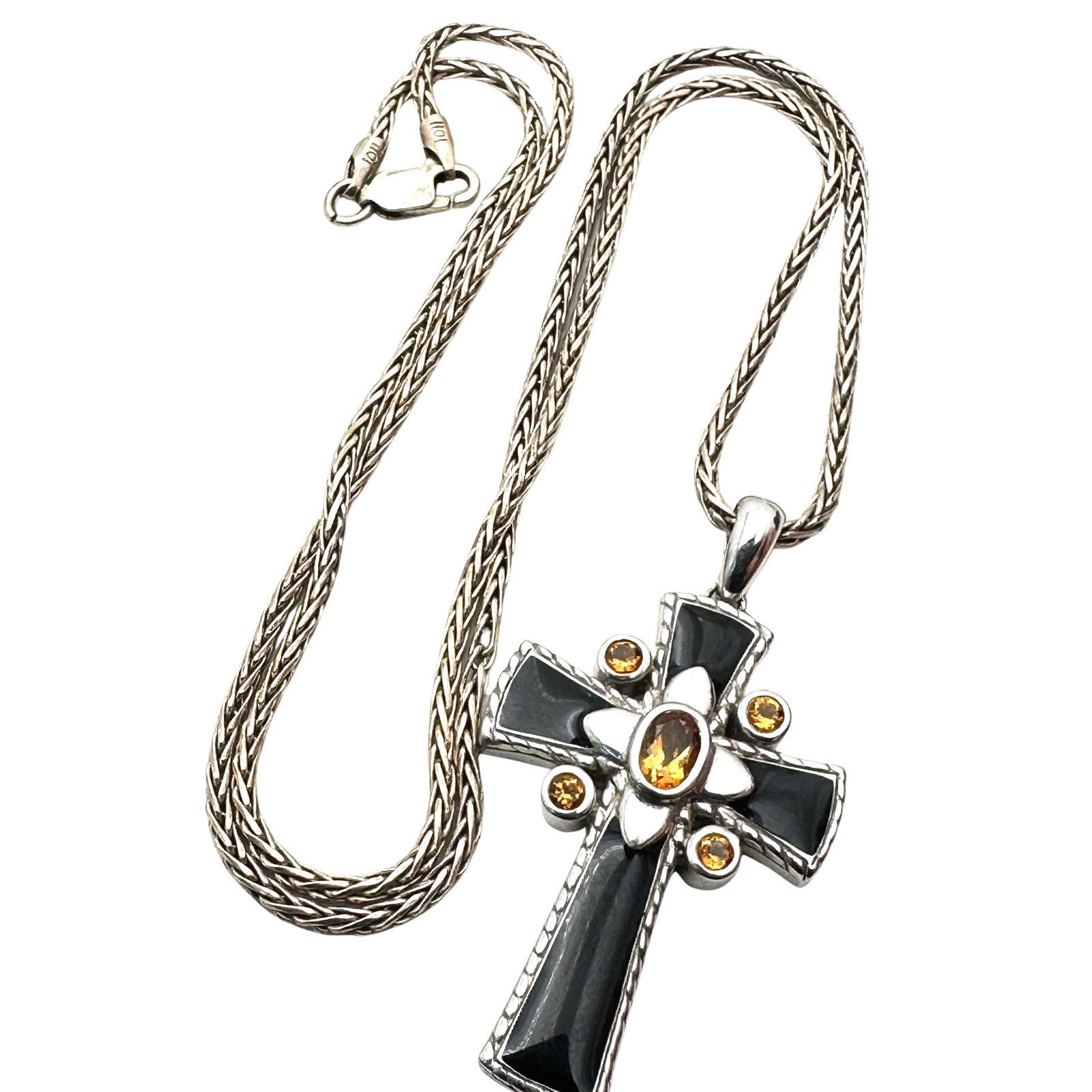 Sterling Silver Citrine Black Enamel Cross Pendant Necklace 18 Inch Chain 16 Grams: Sterling Silver Citrine Black Enamel Cross Pendant Necklace 18 Inch Chain 16 Grams