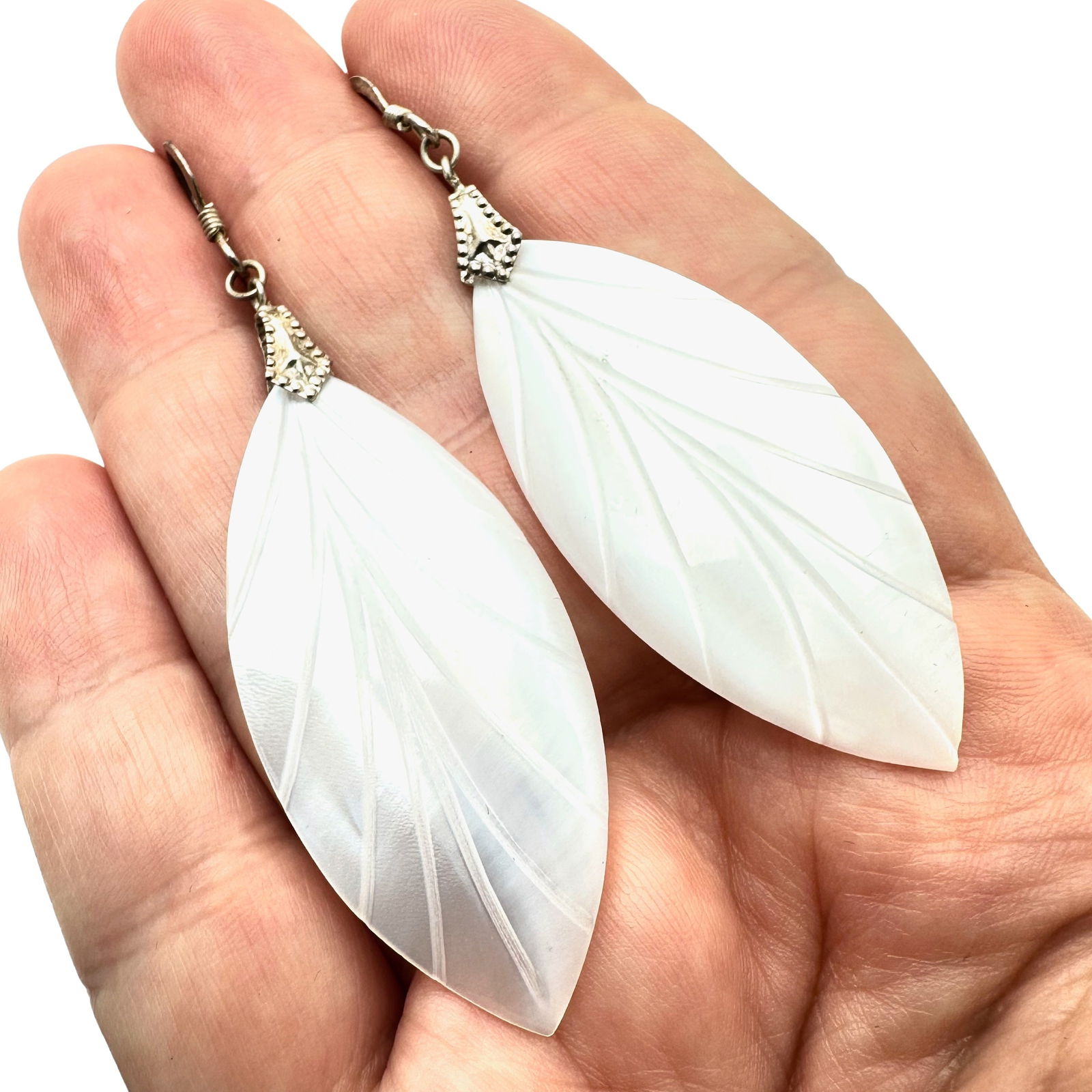 Sterling Silver Carved Mother of Pearl 3 Inch Pierced Chandelier Earrings: Sterling Silver Carved Mother of Pearl 3 Inch Pierced Chandelier Earrings