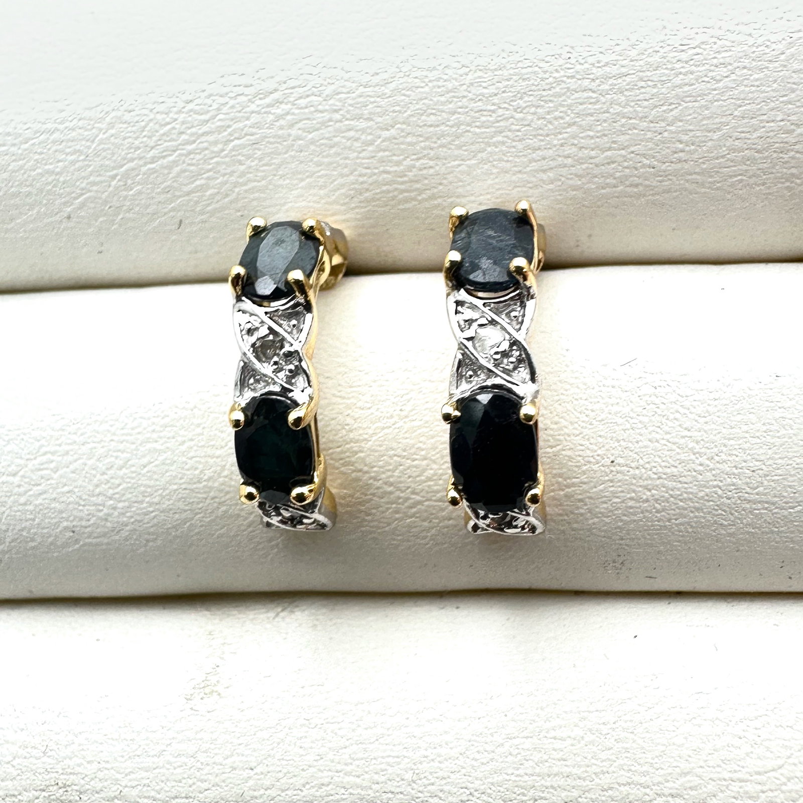 Gold Over Sterling Silver Sapphire Diamond Half Hoop Pierced Earrings: Gold Over Sterling Silver Sapphire Diamond Half Hoop Pierced Earrings