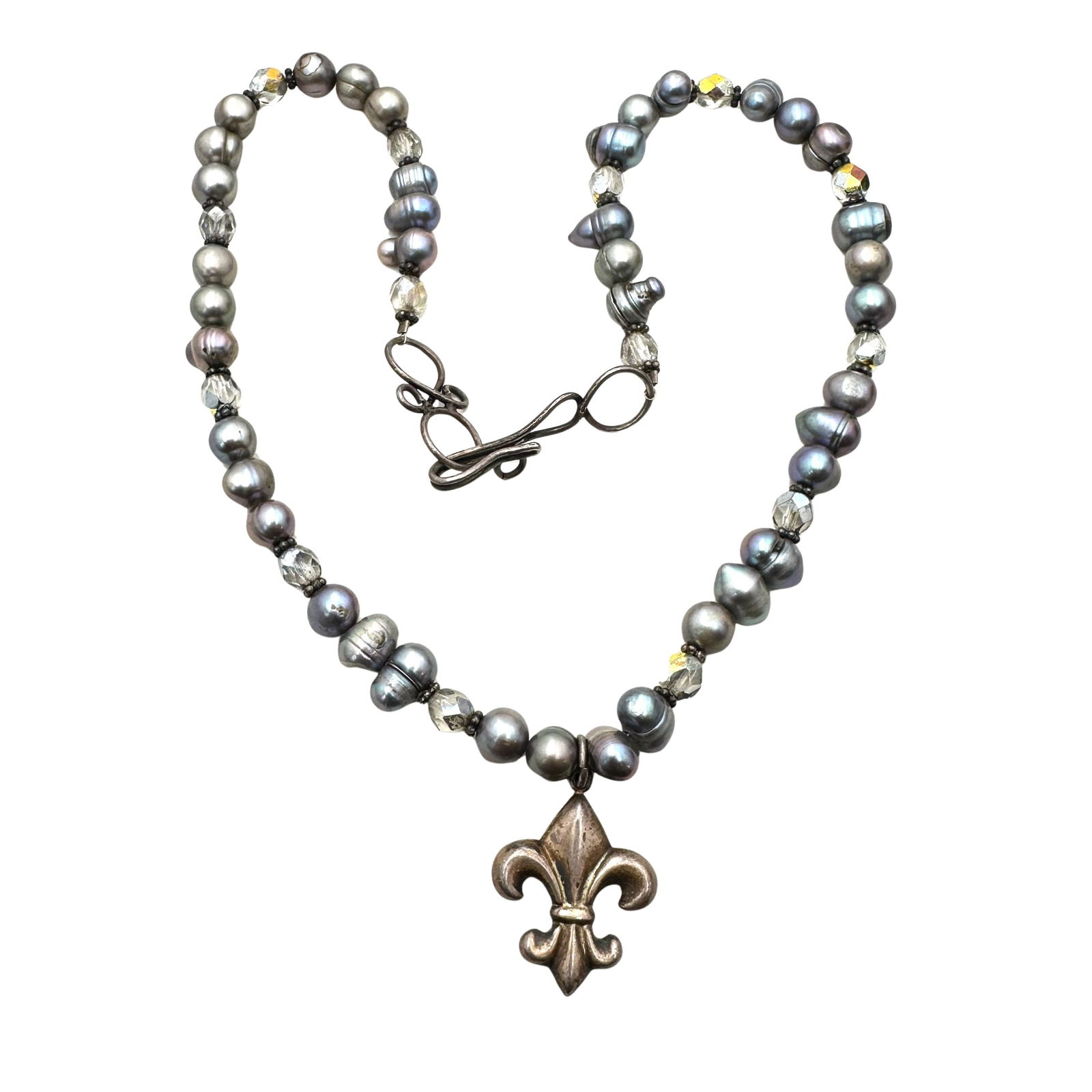 Vintage Sterling Silver Pearl Crystal Fleur De Lis Necklace: Vintage Sterling Silver Pearl Crystal Fleur De Lis Necklace