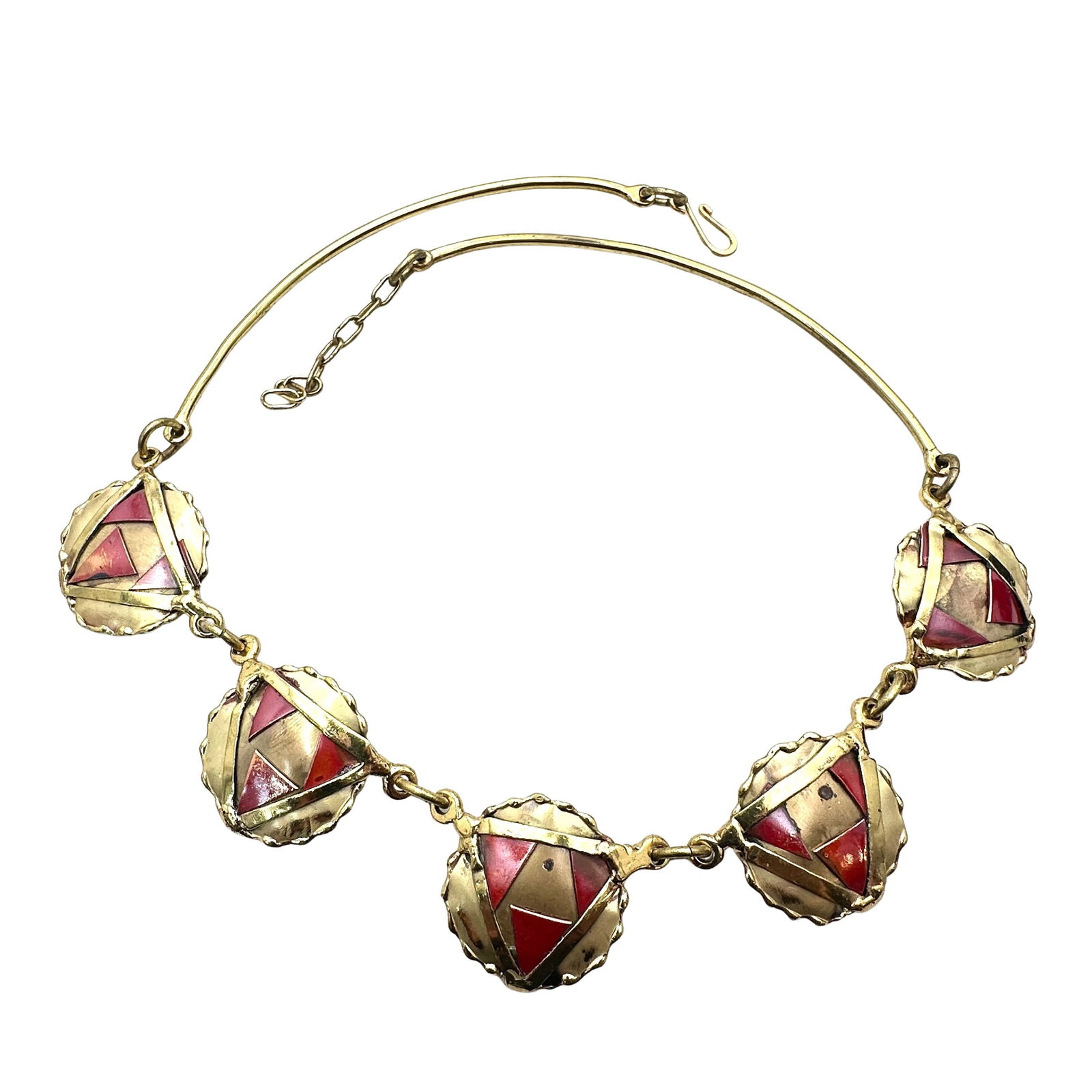 Vintage Artisan Red Enamel Brass Statement Necklace 18 Inch (1 of 2)