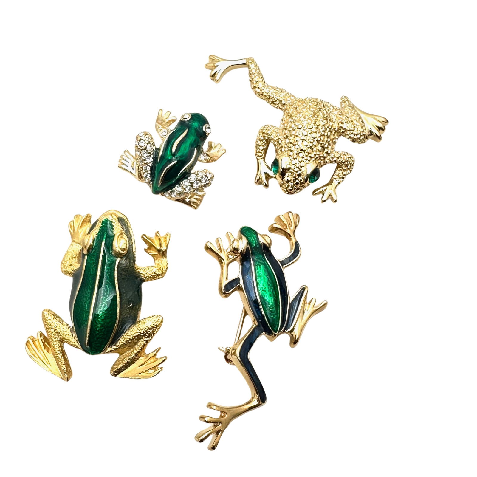 Vintage Group Figural Frog Brooches Green Enamel Rhinestone Gold Tone (1 of 2)