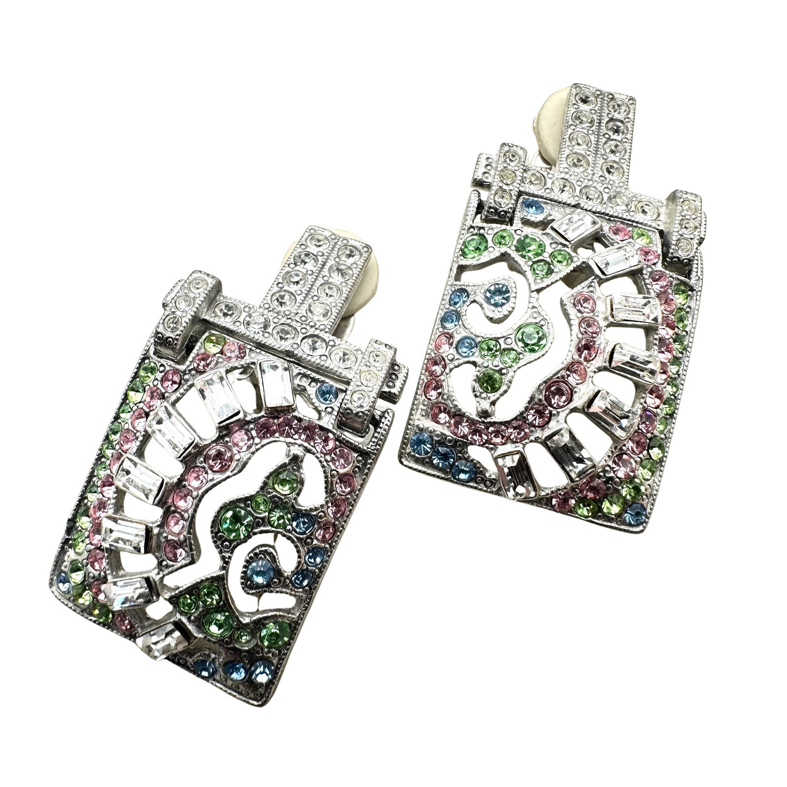 Sweet Romance Pastel Rhinestone Silver Tone Clip Earrings Pristine Condition: Sweet Romance Pastel Rhinestone Silver Tone Clip Earrings Pristine Condition