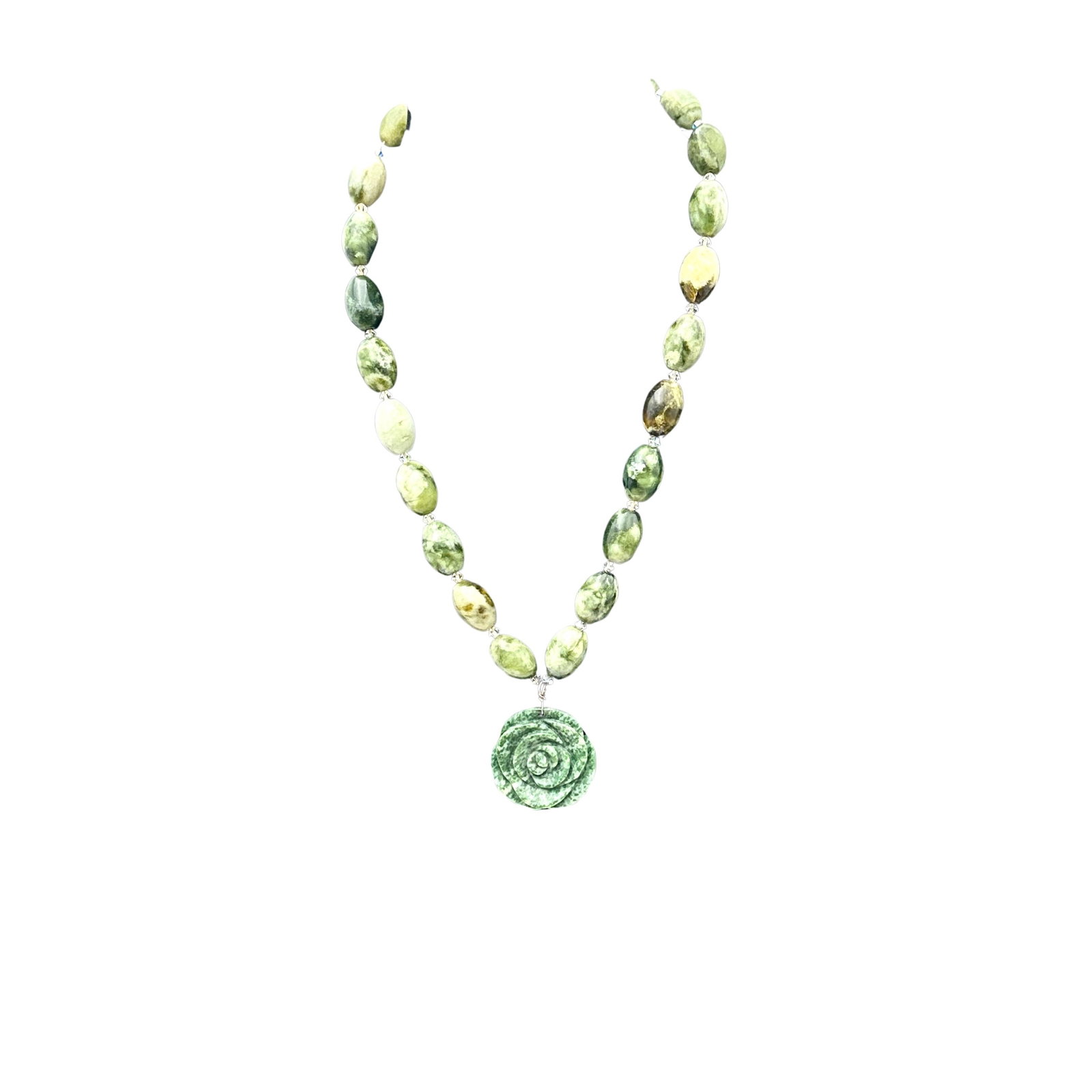 Irish Celtic Connemora Marble Carved Rose Bead Necklace Sterling Silver: Irish Celtic Connemora Marble Carved Rose Bead Necklace Sterling Silver