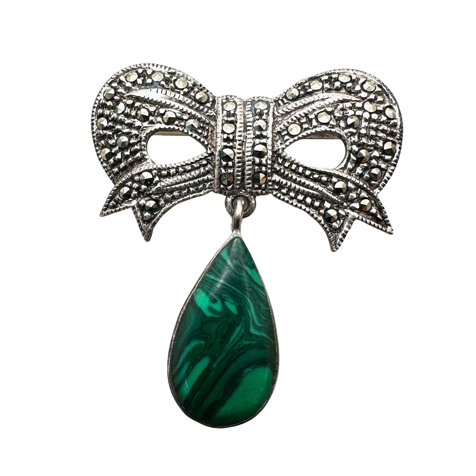 Vintage Sterling Silver Malachite Marcasite Brooch Pin 1.5 Inch: Vintage Sterling Silver Malachite Marcasite Brooch Pin 1.5 Inch